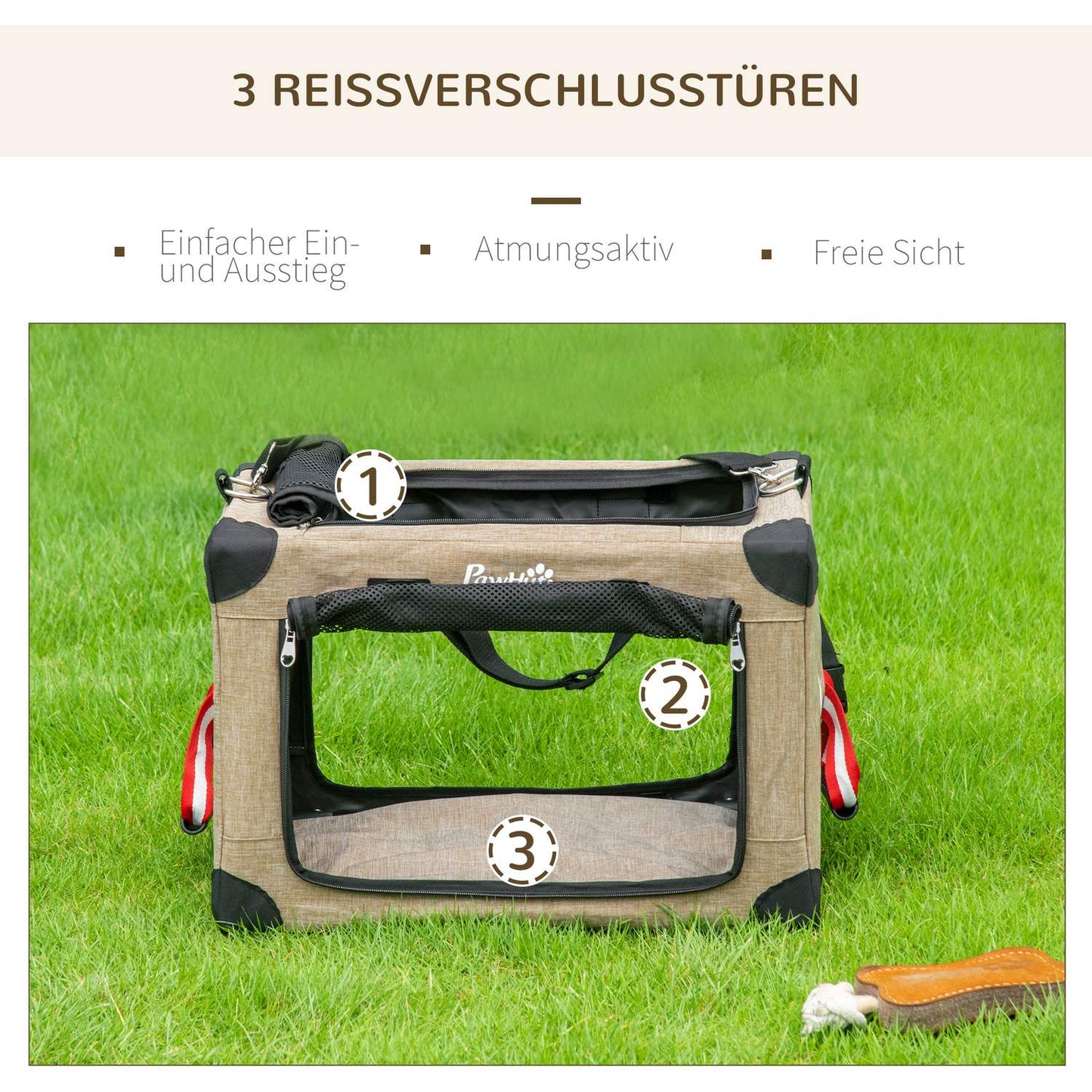 Collapsible dog transport box with handle, Khaki, 48.5x33.5x33cm