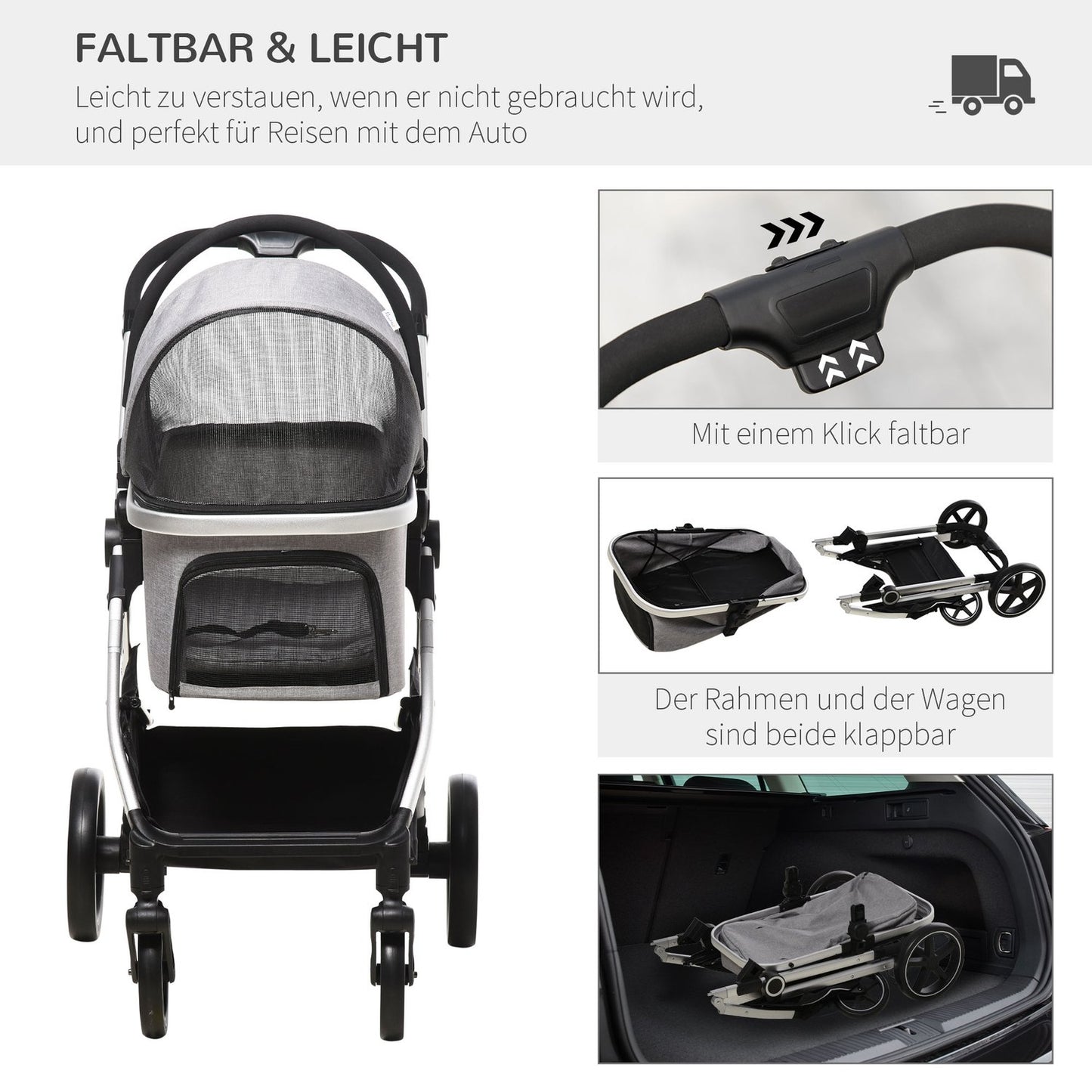 Dog stroller 2-in-1 foldable, safety leash, 15 kg