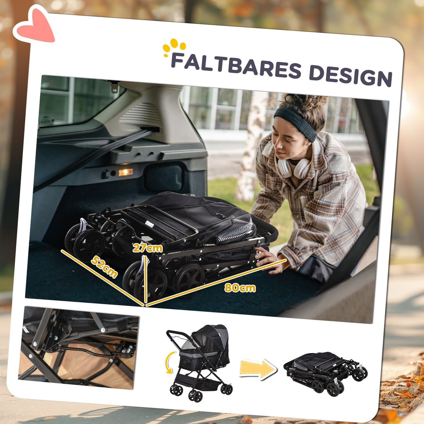 Pet stroller for small dogs and cats, Oxford Black
