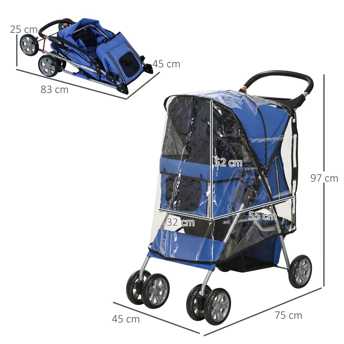 Collapsible dog carriage, rain cover & cup holder, limit 20 kg