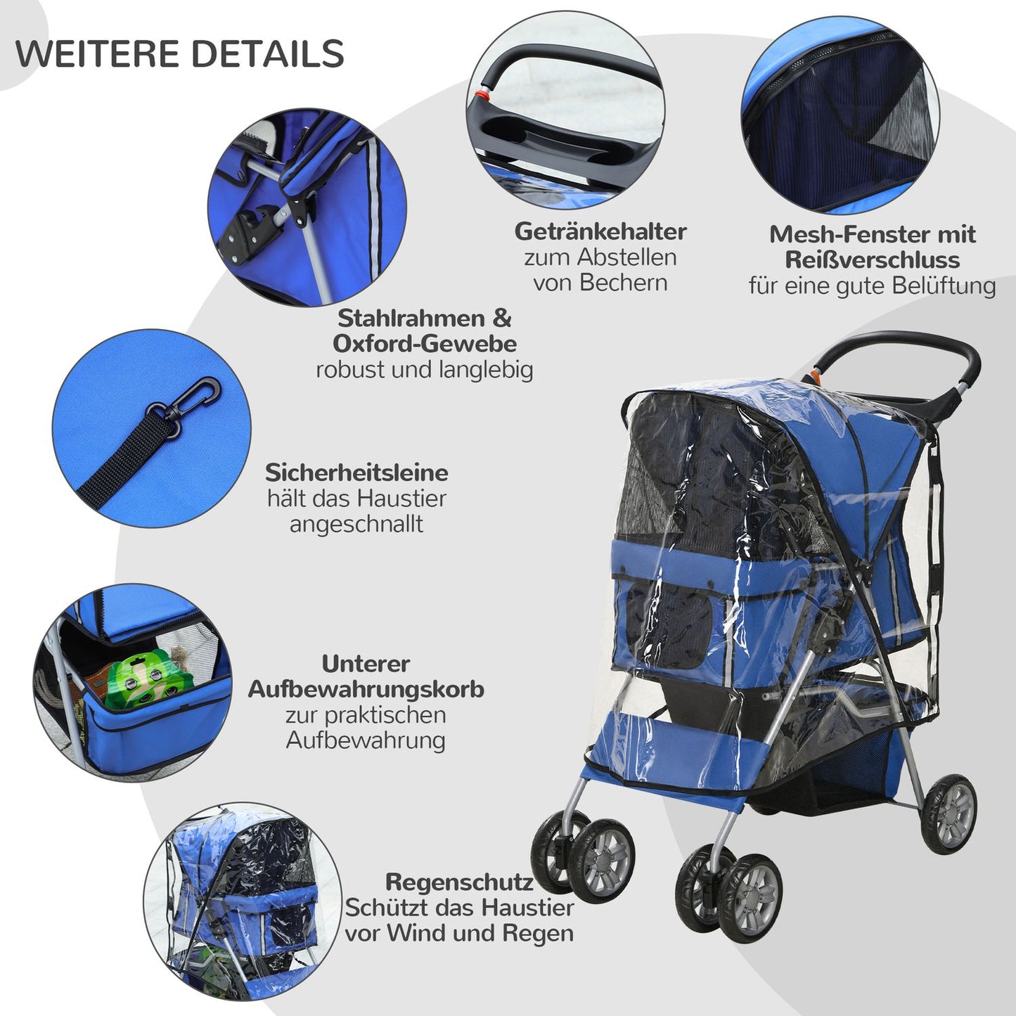 Collapsible dog carriage, rain cover & cup holder, limit 20 kg