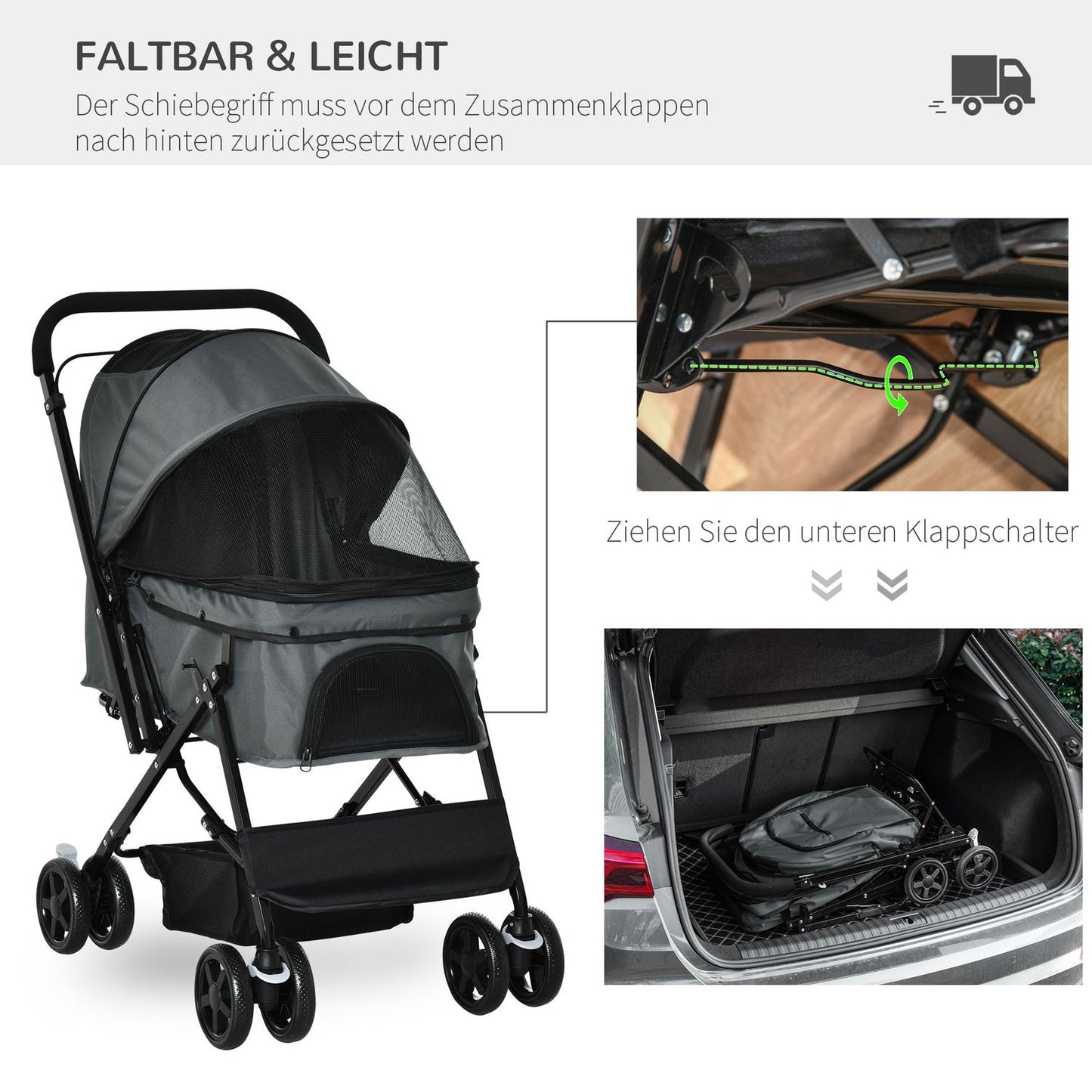 Dog carriage, Buggy for small pets, dark gray Oxford 76.5 cm
