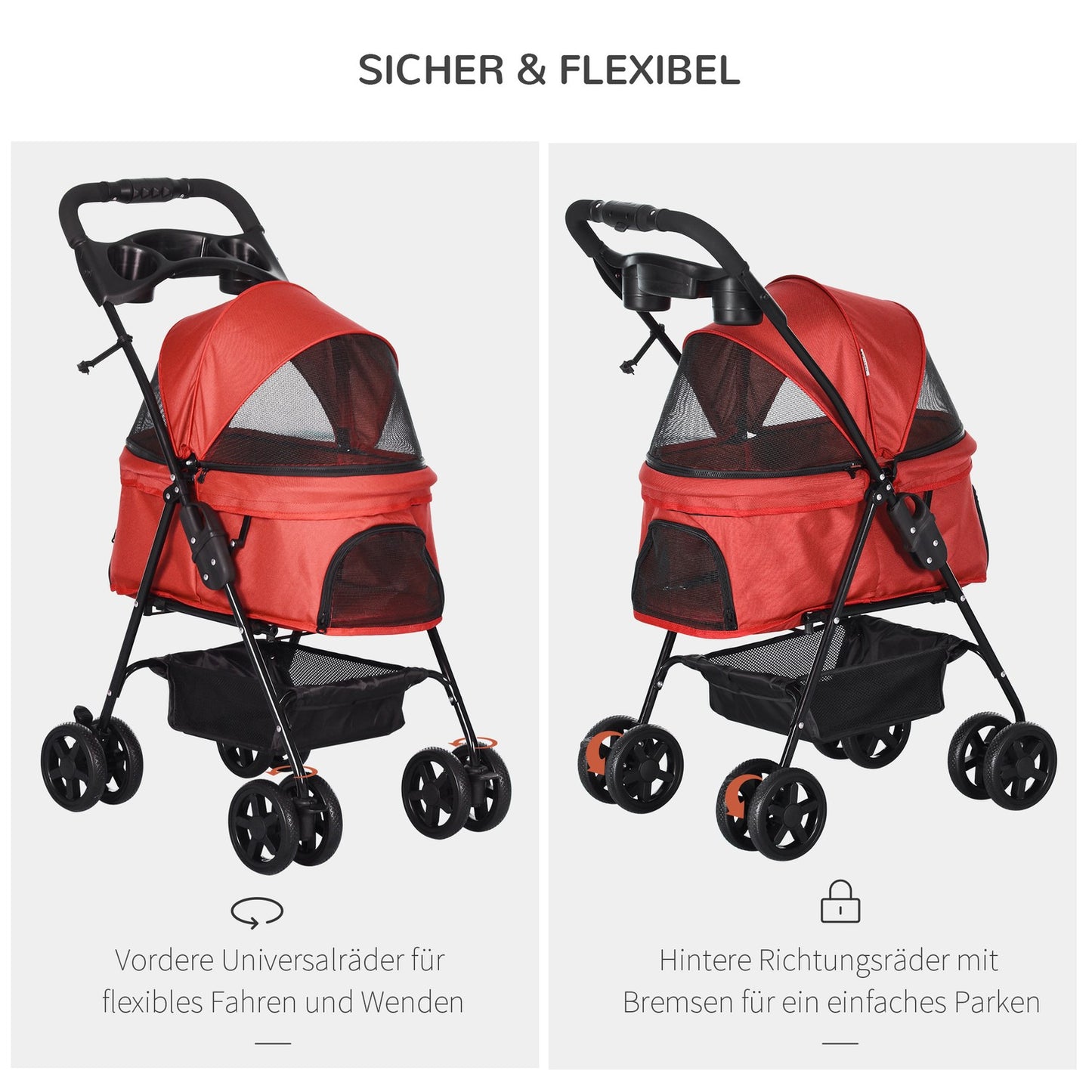 Collapsible red pet carriage for small dogs & cats 67x45x96cm