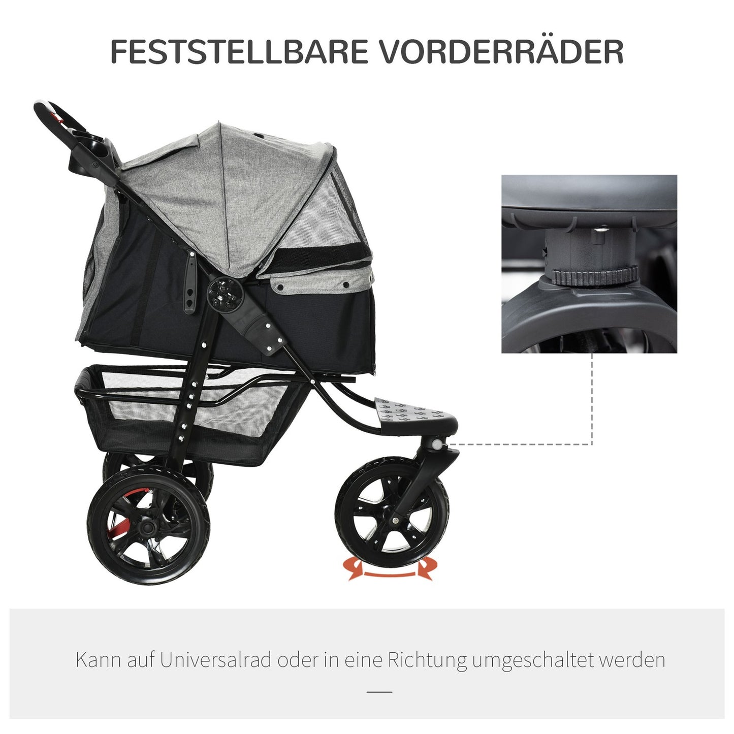 Collapsible 3-wheel pet stroller, grey/black, for dogs and cats