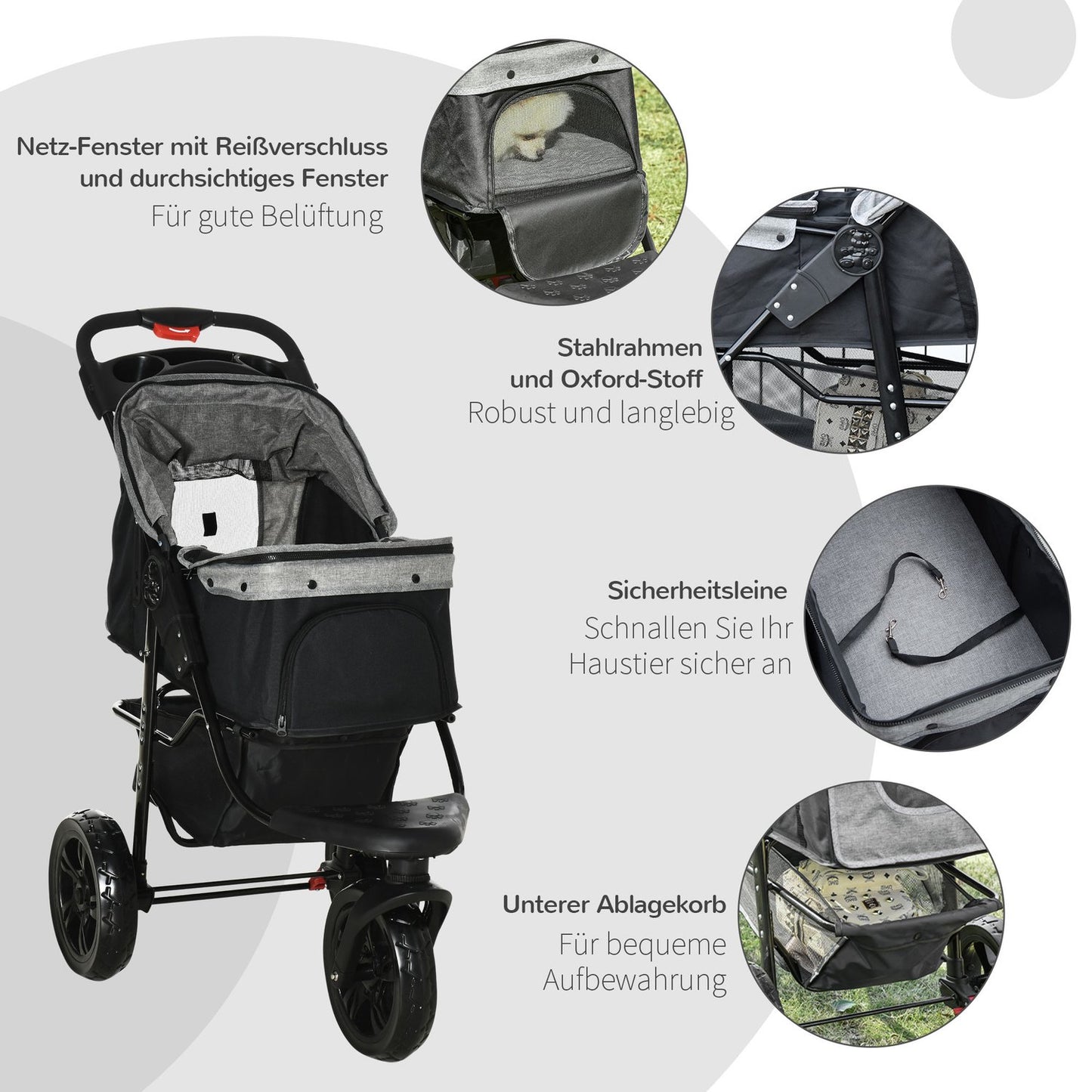 Collapsible 3-wheel pet stroller, grey/black, for dogs and cats