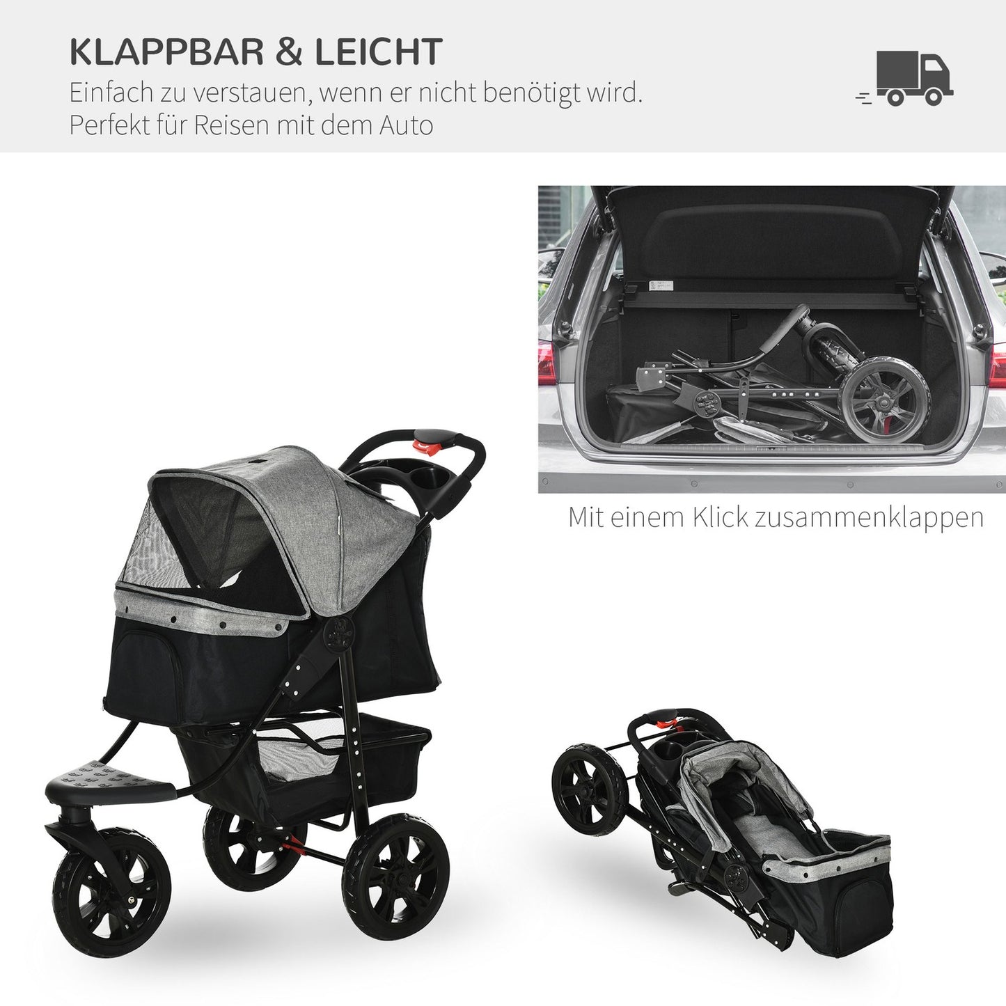 Collapsible 3-wheel pet stroller, grey/black, for dogs and cats
