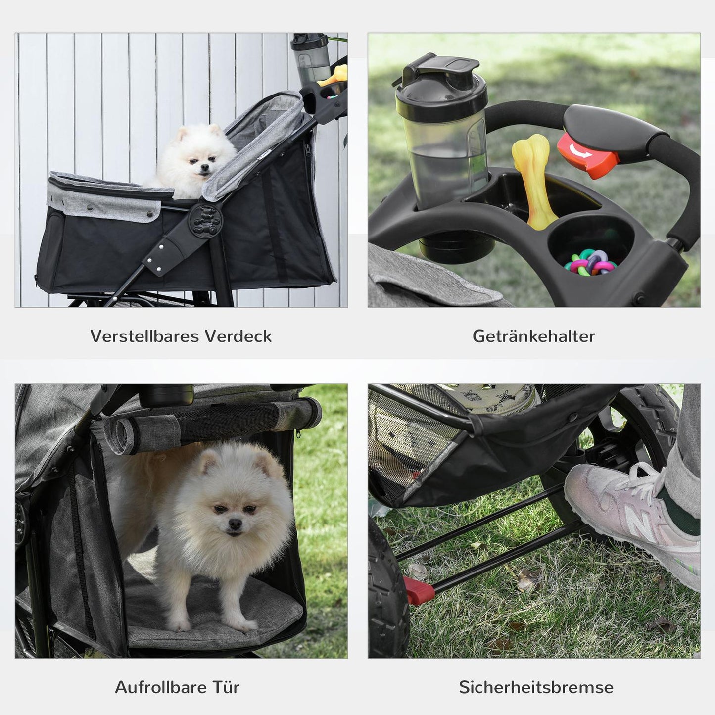 Collapsible 3-wheel pet stroller, grey/black, for dogs and cats