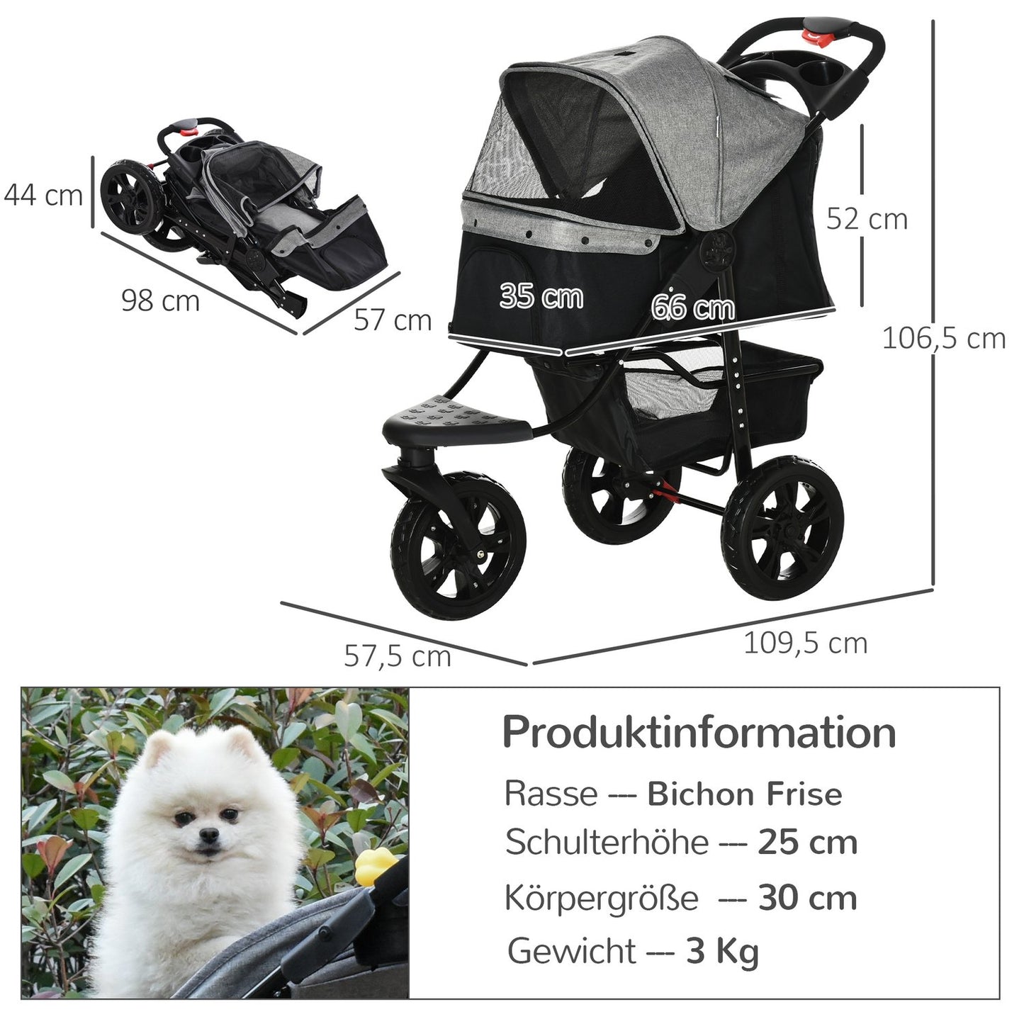 Collapsible 3-wheel pet stroller, grey/black, for dogs and cats