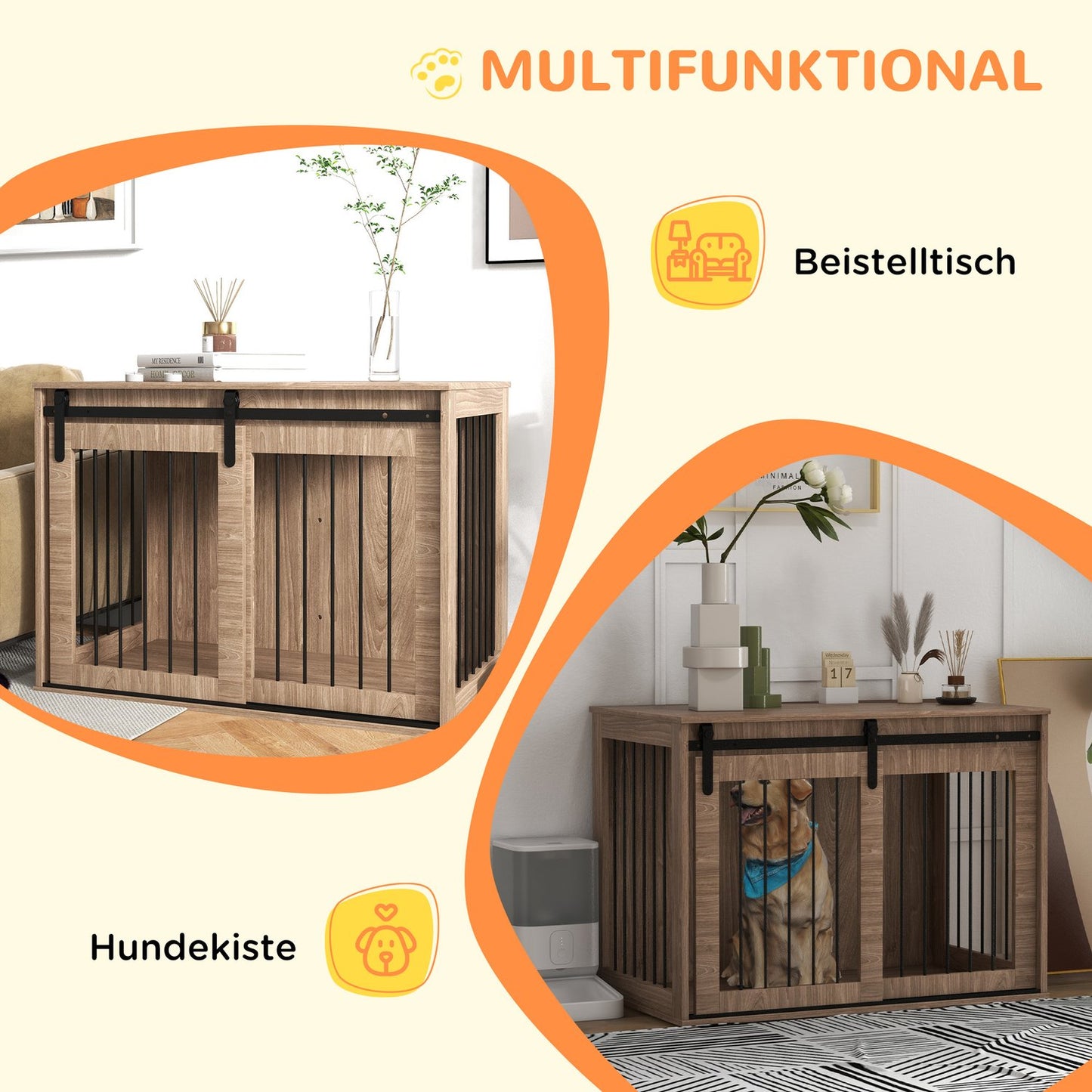 Sliding door dog cage - wooden look, locking, large 30 kg