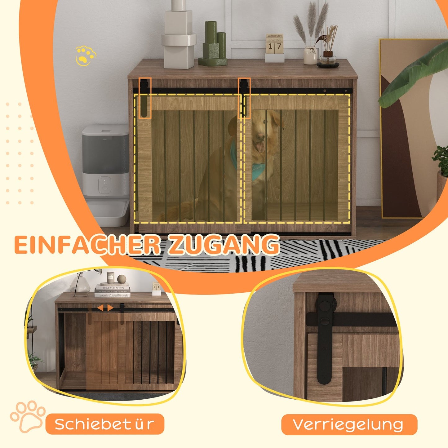 Sliding door dog cage - wooden look, locking, large 30 kg