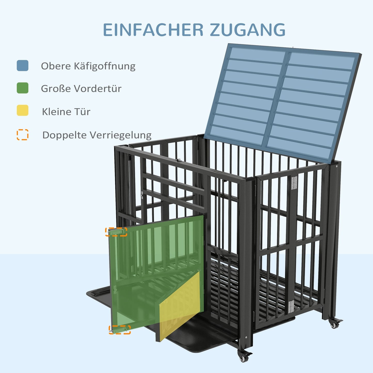 Steel dog cage with wheels & double doors, 94x58x78 cm