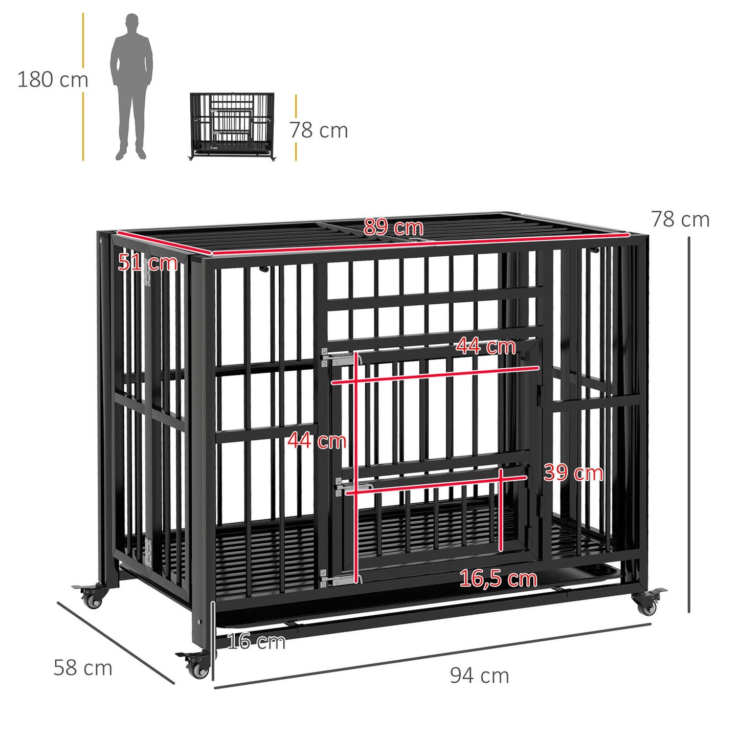 Steel dog cage with wheels & double doors, 94x58x78 cm