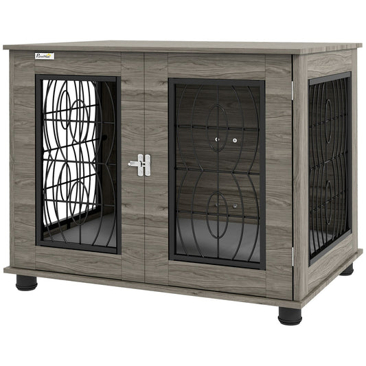Lockable Gray Dog Kennel with Cushion, 80x56x63cm