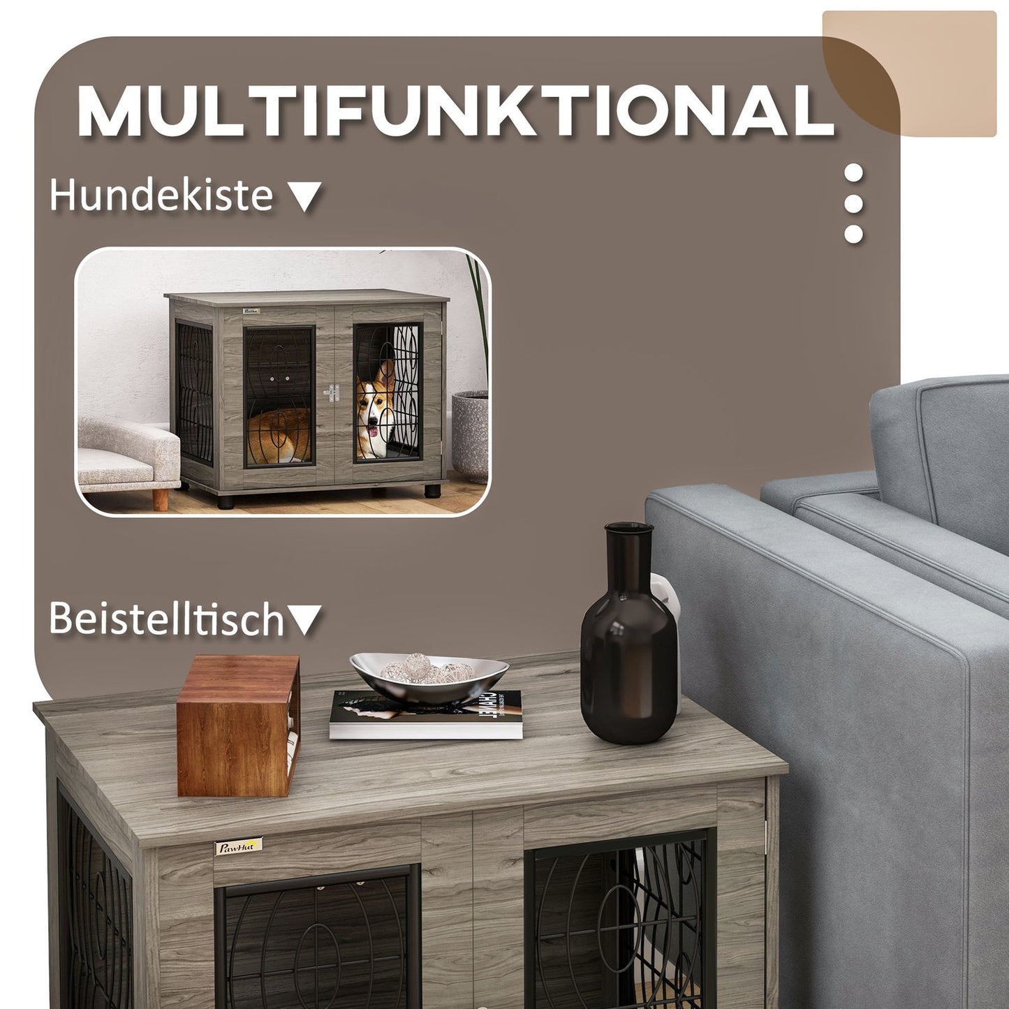 Lockable Gray Dog Kennel with Cushion, 80x56x63cm