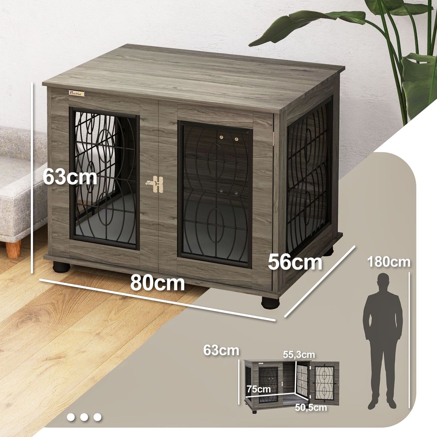 Lockable Gray Dog Kennel with Cushion, 80x56x63cm