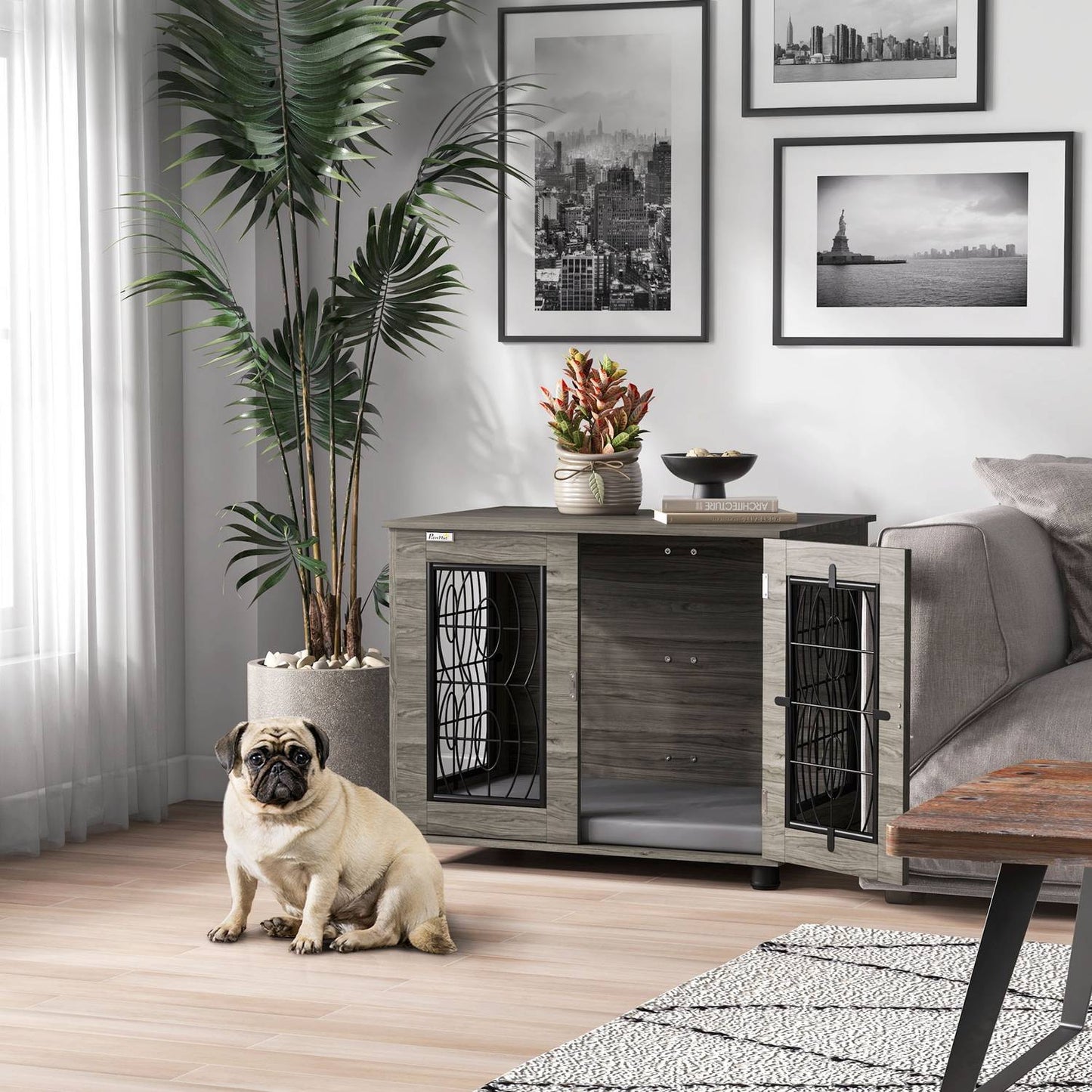 Lockable Gray Dog Kennel with Cushion, 80x56x63cm