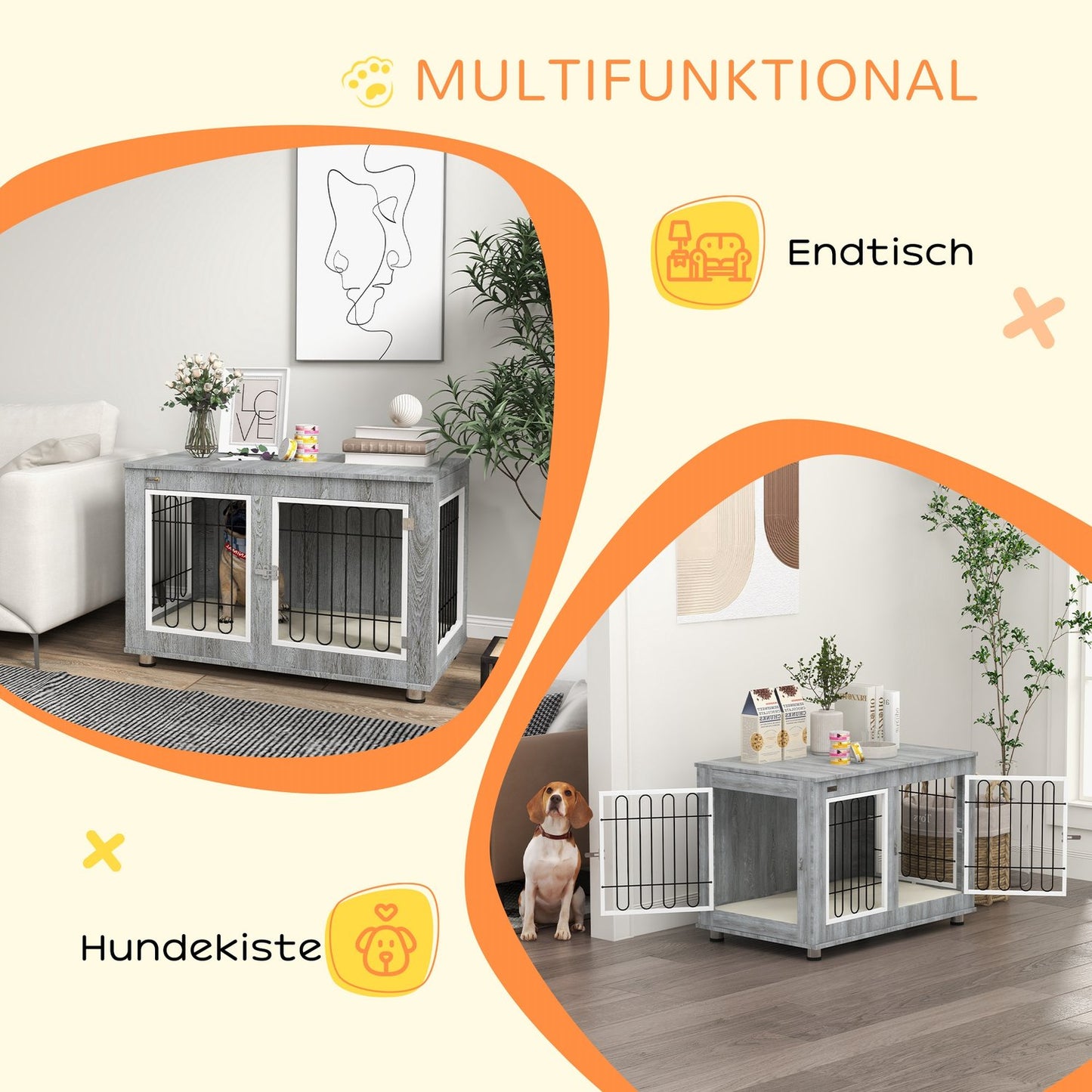 Medium dog box - double doors, cushioned, grey, 90x58x65 cm