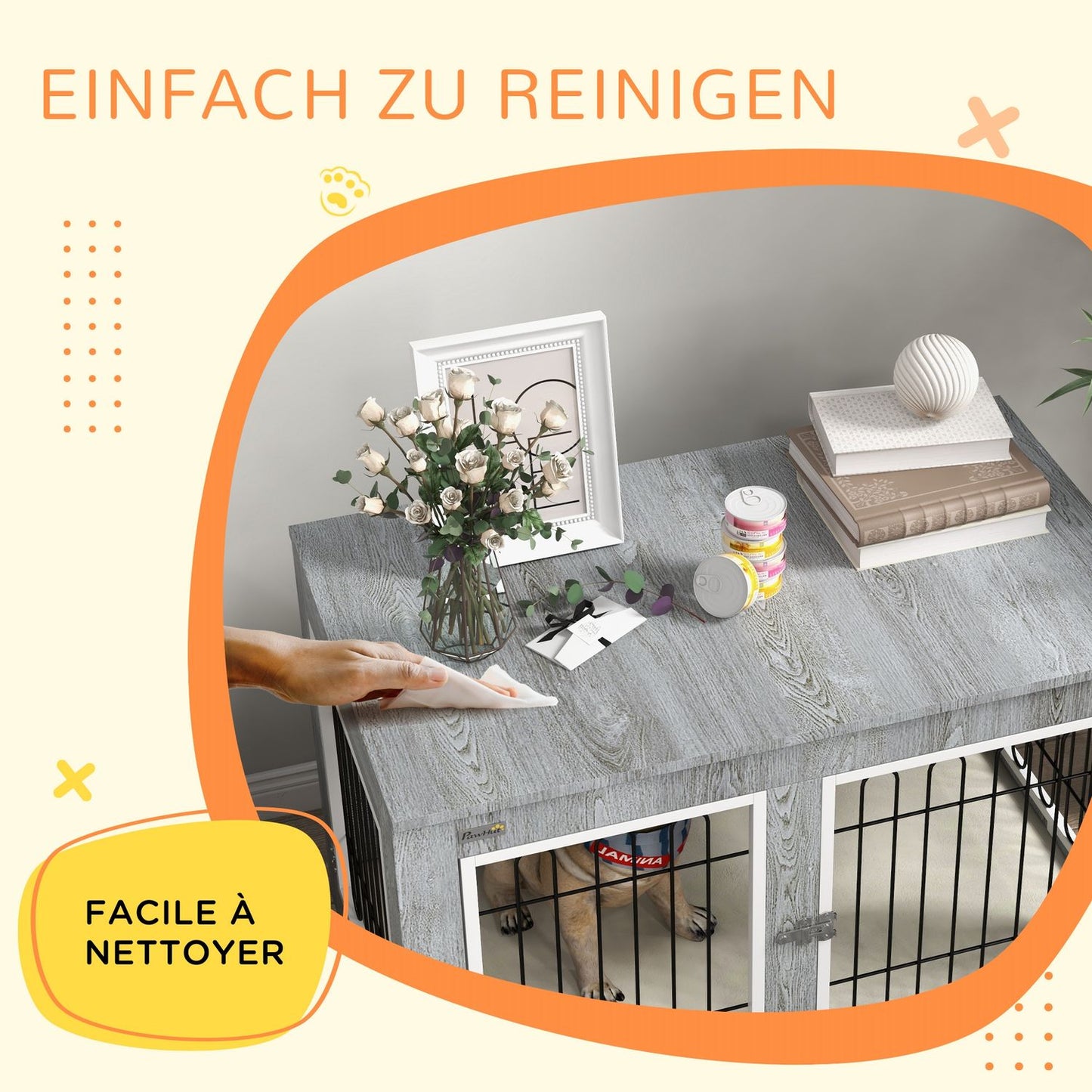 Medium dog box - double doors, cushioned, grey, 90x58x65 cm