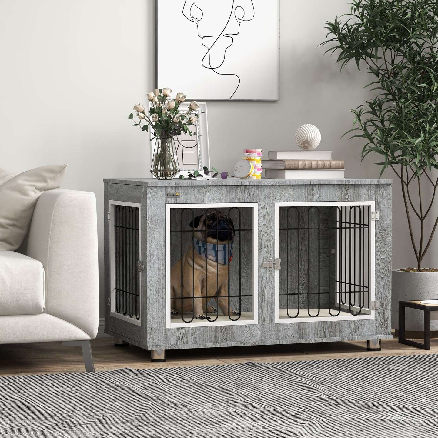 Medium dog box - double doors, cushioned, grey, 90x58x65 cm