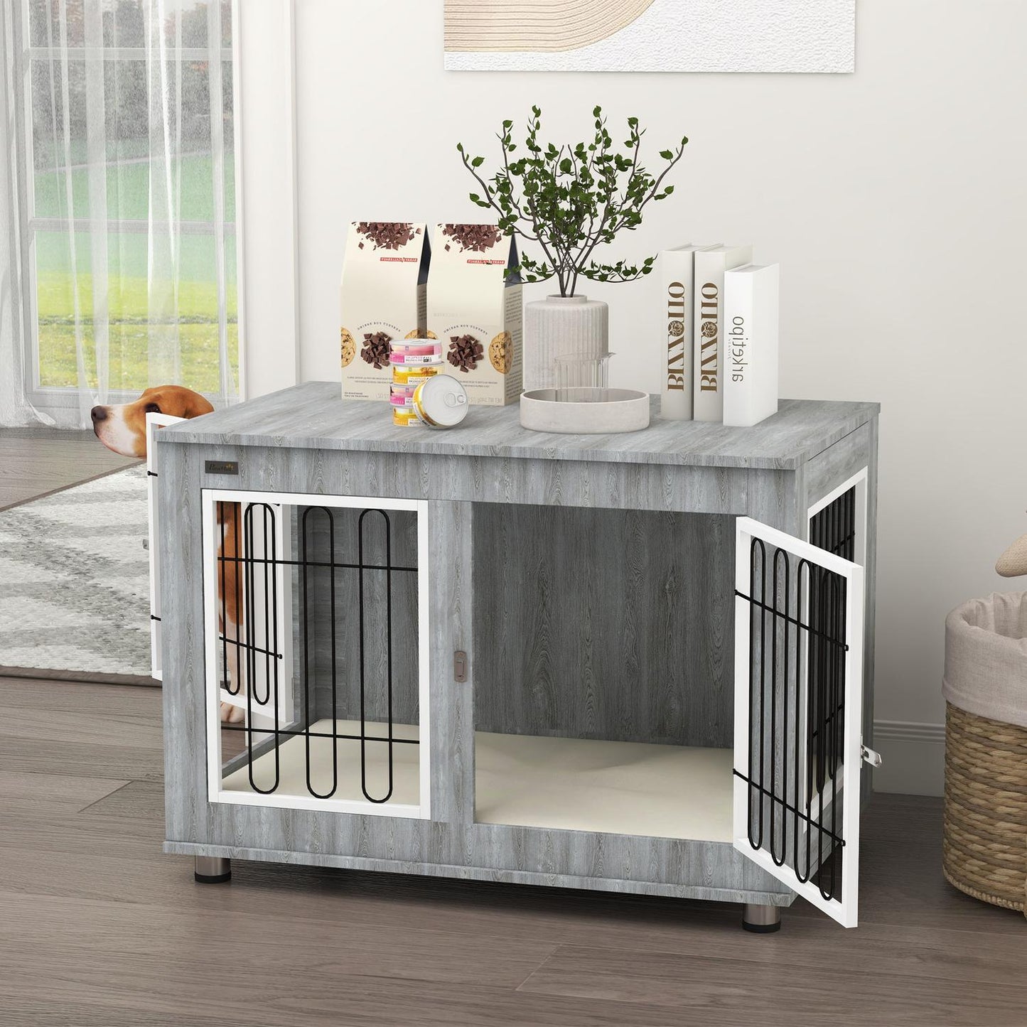 Medium dog box - double doors, cushioned, grey, 90x58x65 cm