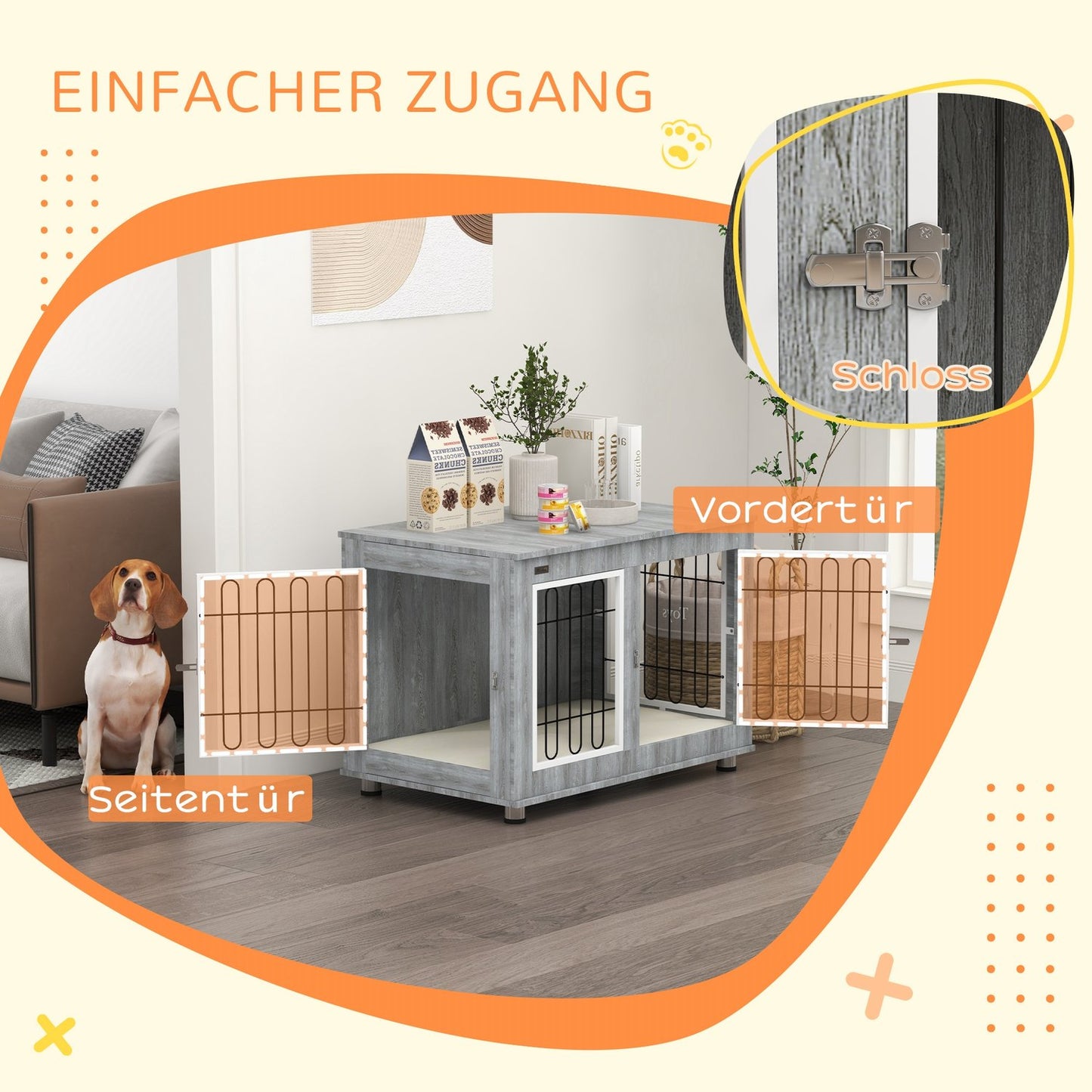 Medium dog box - double doors, cushioned, grey, 90x58x65 cm