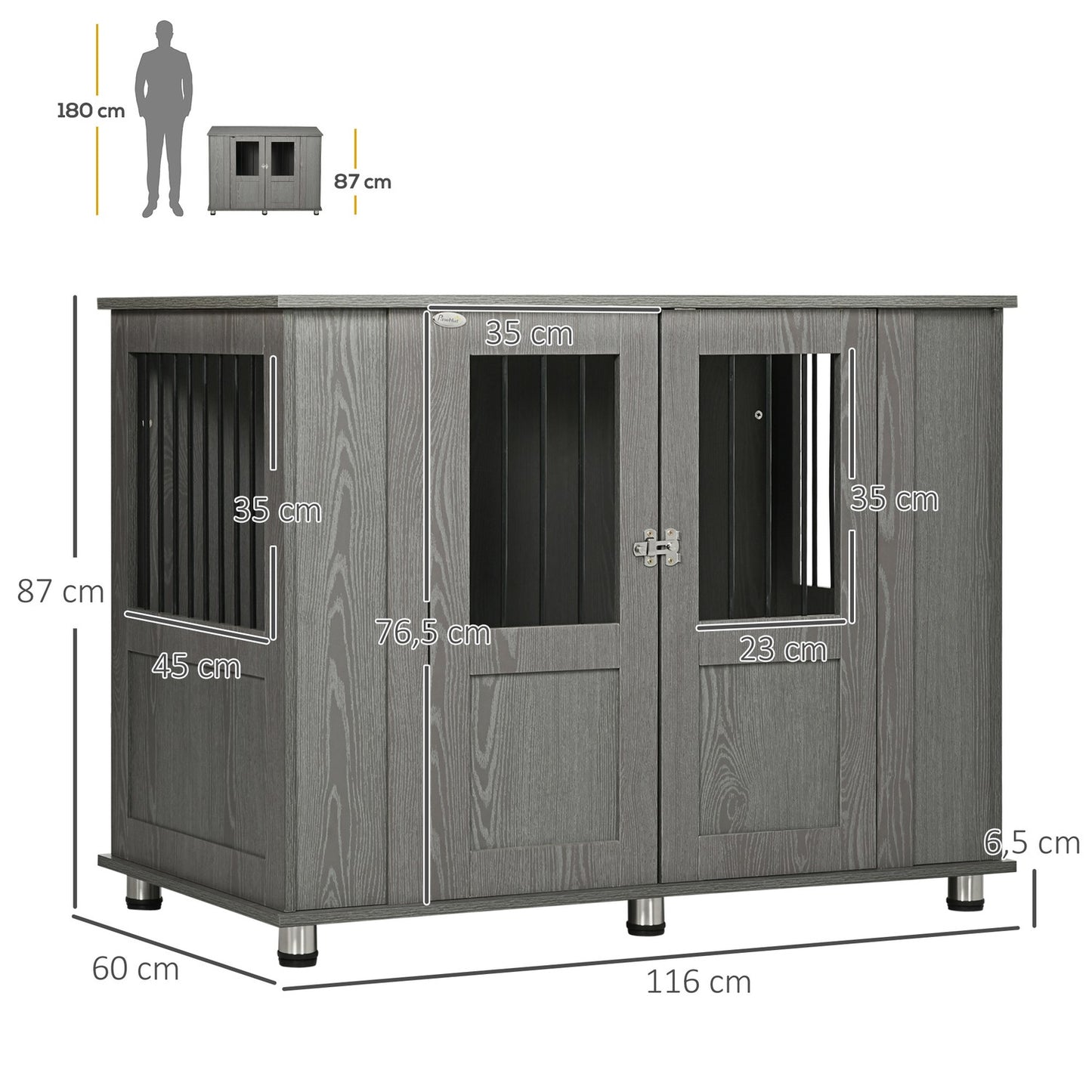 Extra large indoor dog kennel with lock - Grey, 116 x 60 x 87 cm