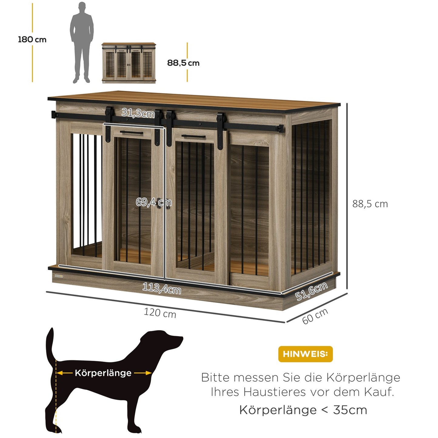 Dog crate with double doors, two-room option, oak finish