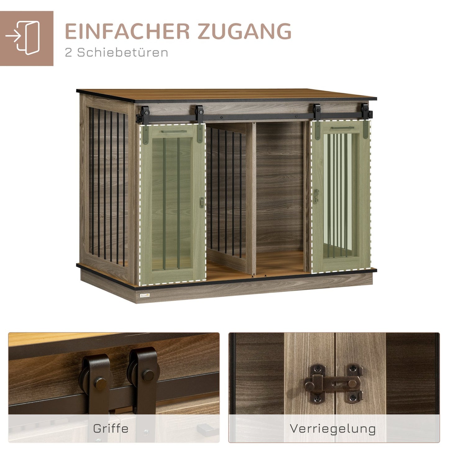 Dog crate with double doors, two-room option, oak finish