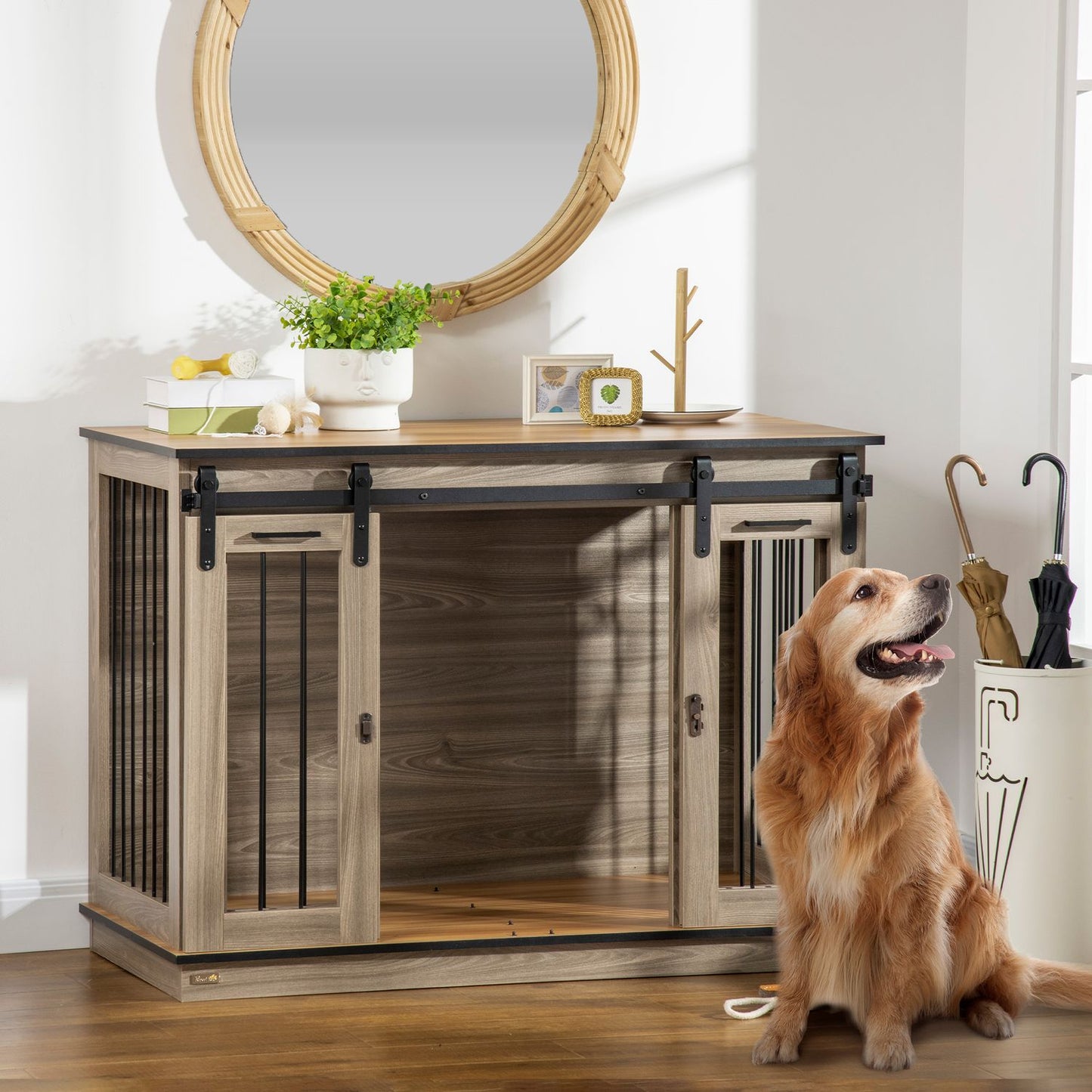 Dog crate with double doors, two-room option, oak finish