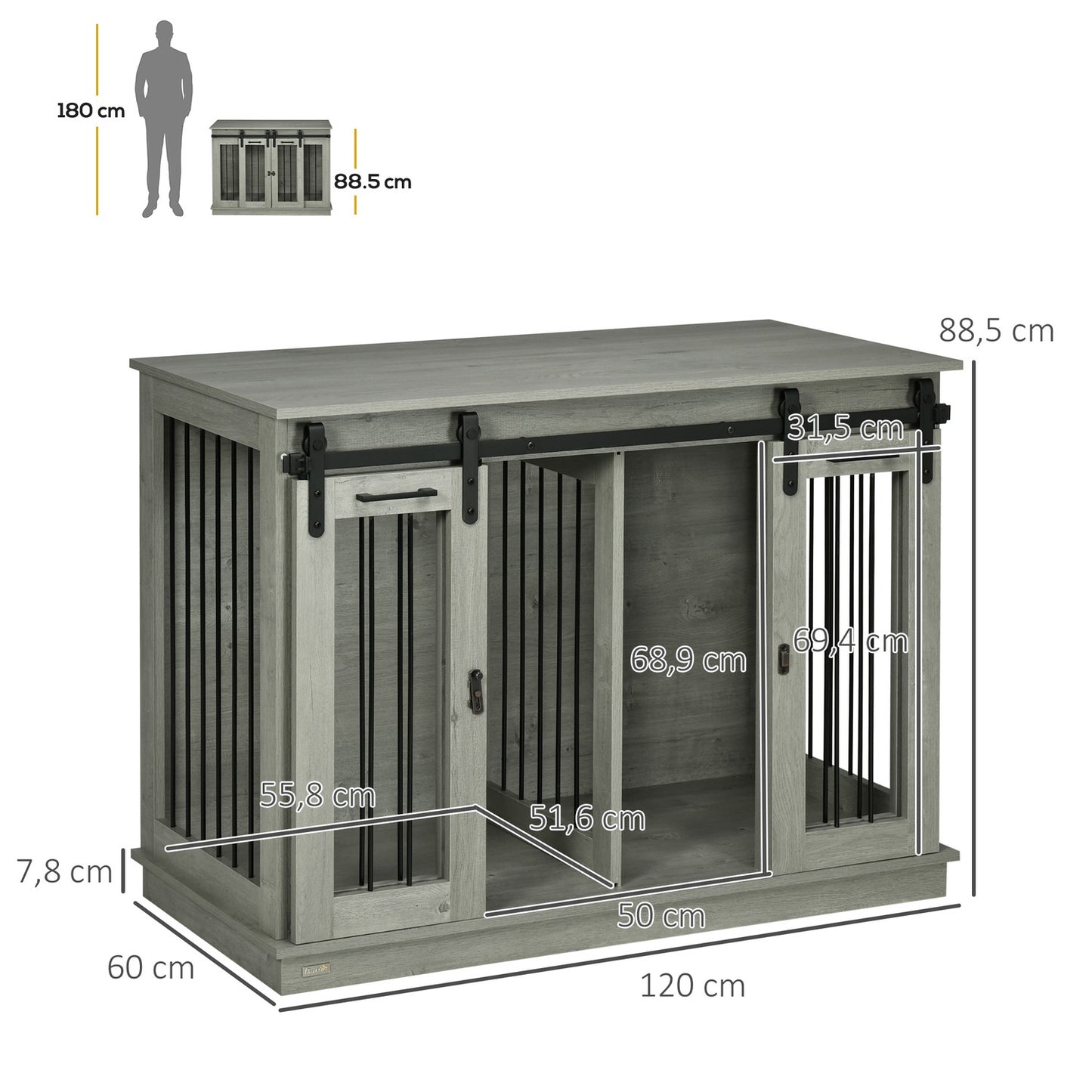 Medium Dog House - Grey, Double Door, Two Room Option