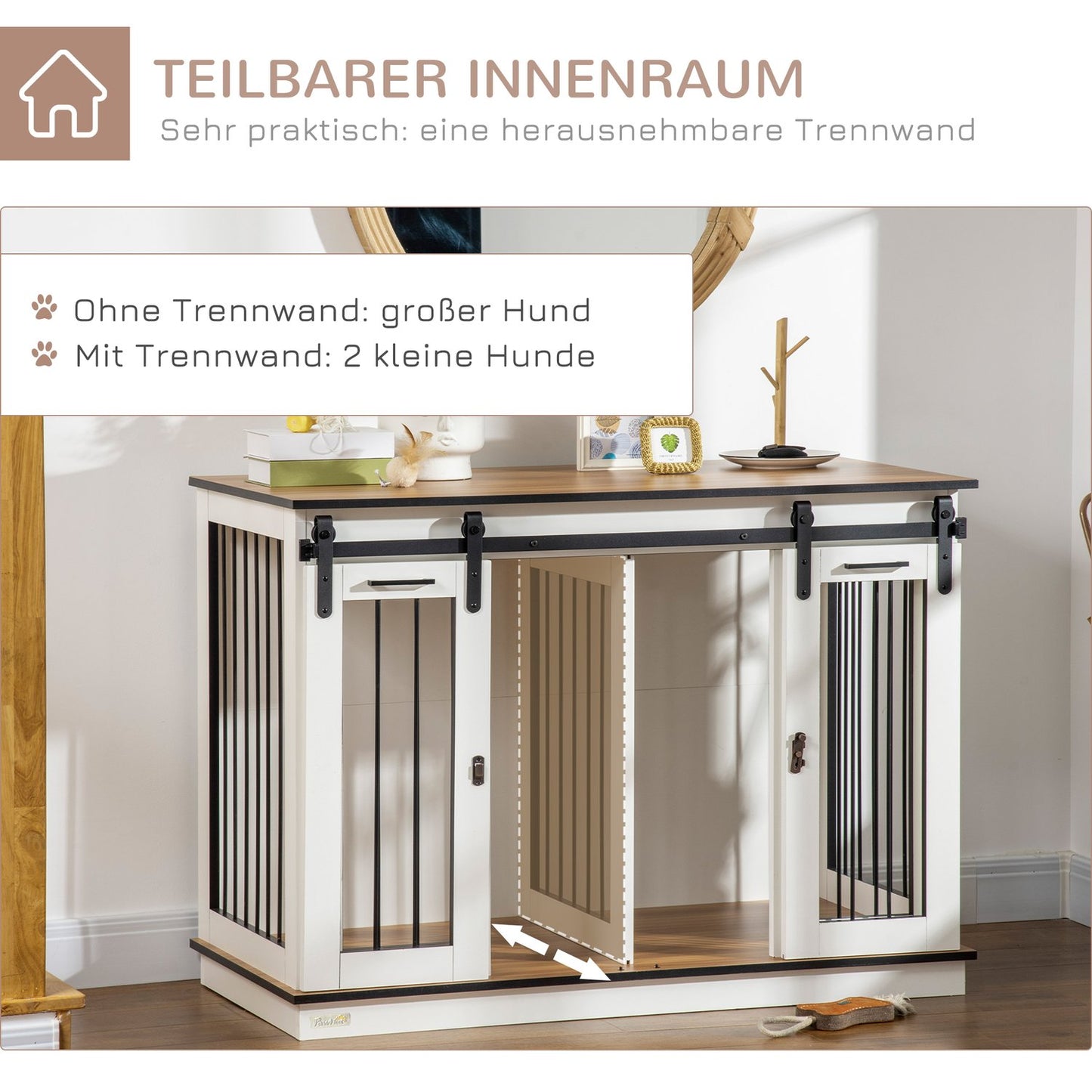 White dog cage with double rooms and double doors, medium size