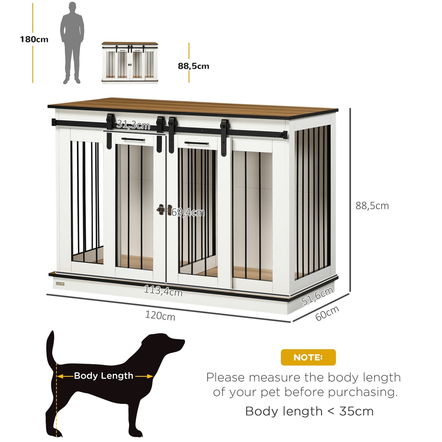 White dog cage with double rooms and double doors, medium size