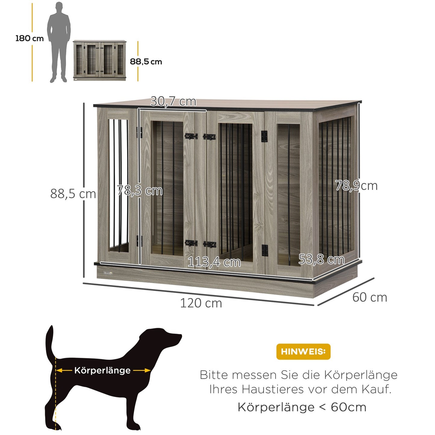 Dog cage with dividers, dark walnut & oak, 120x60x88.5 cm