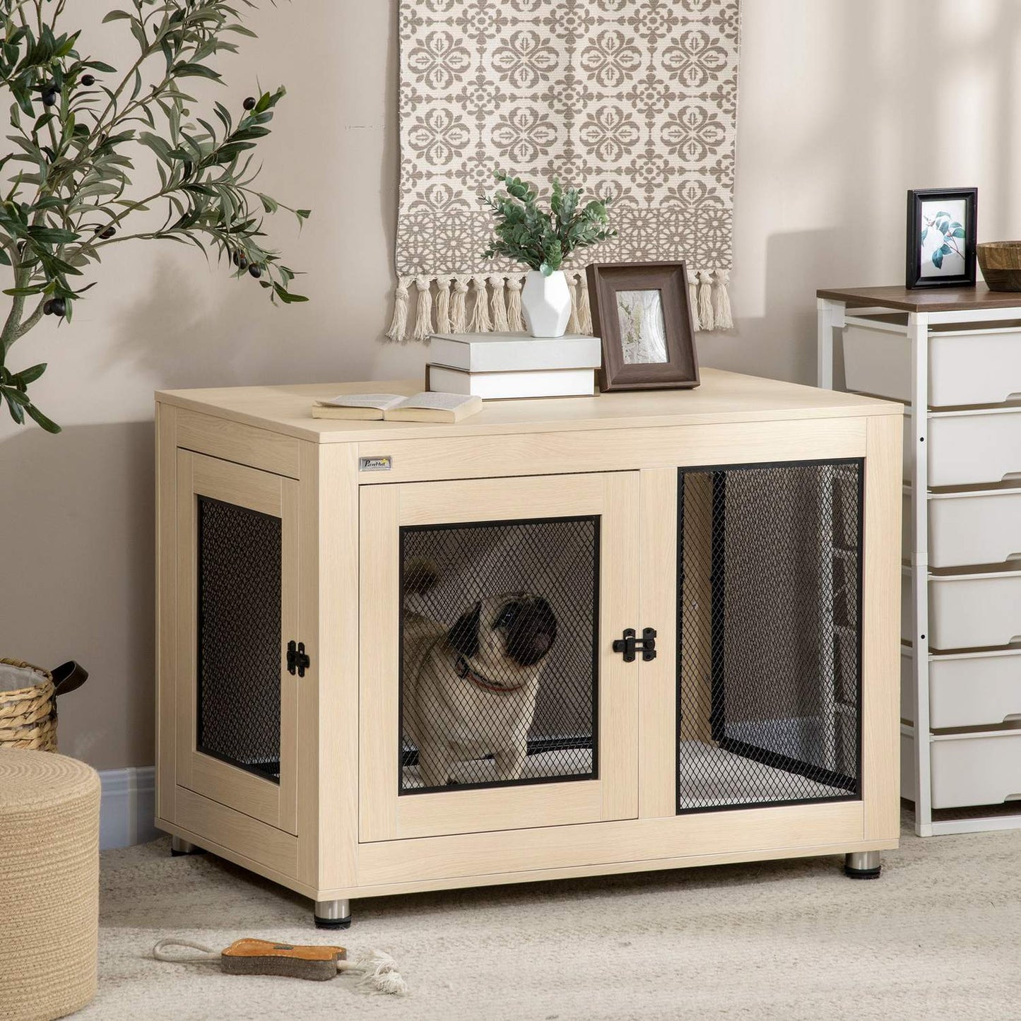 Dog cage with pad, 2 doors, oak, 94x60x71.5 cm