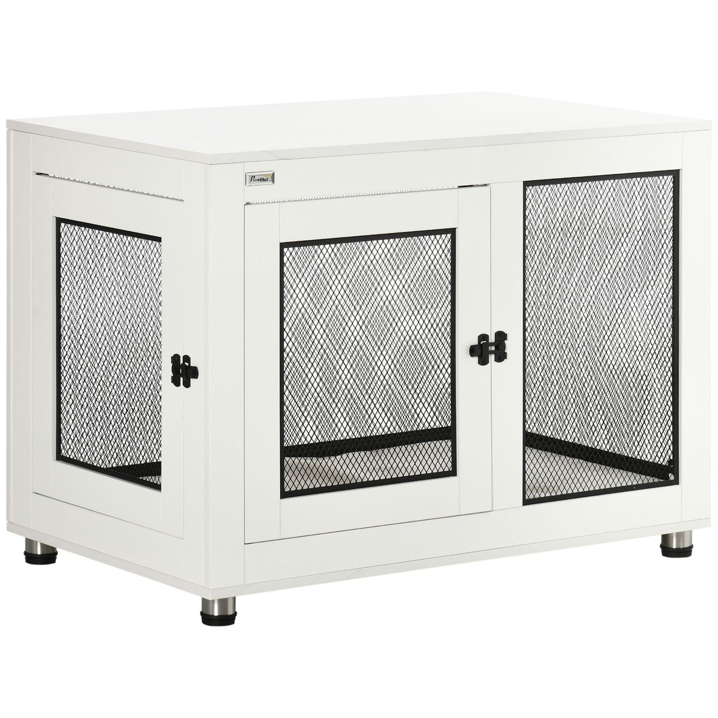 Dog cage with tabletop & cushion - indoor, 2 doors, white/black