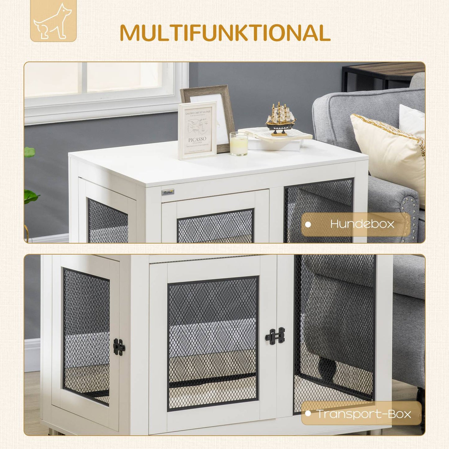 Dog cage with tabletop & cushion - indoor, 2 doors, white/black