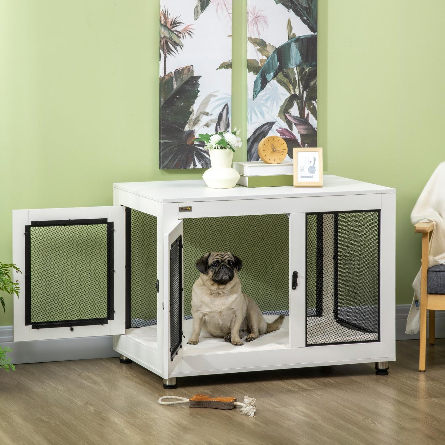 Dog cage with tabletop & cushion - indoor, 2 doors, white/black