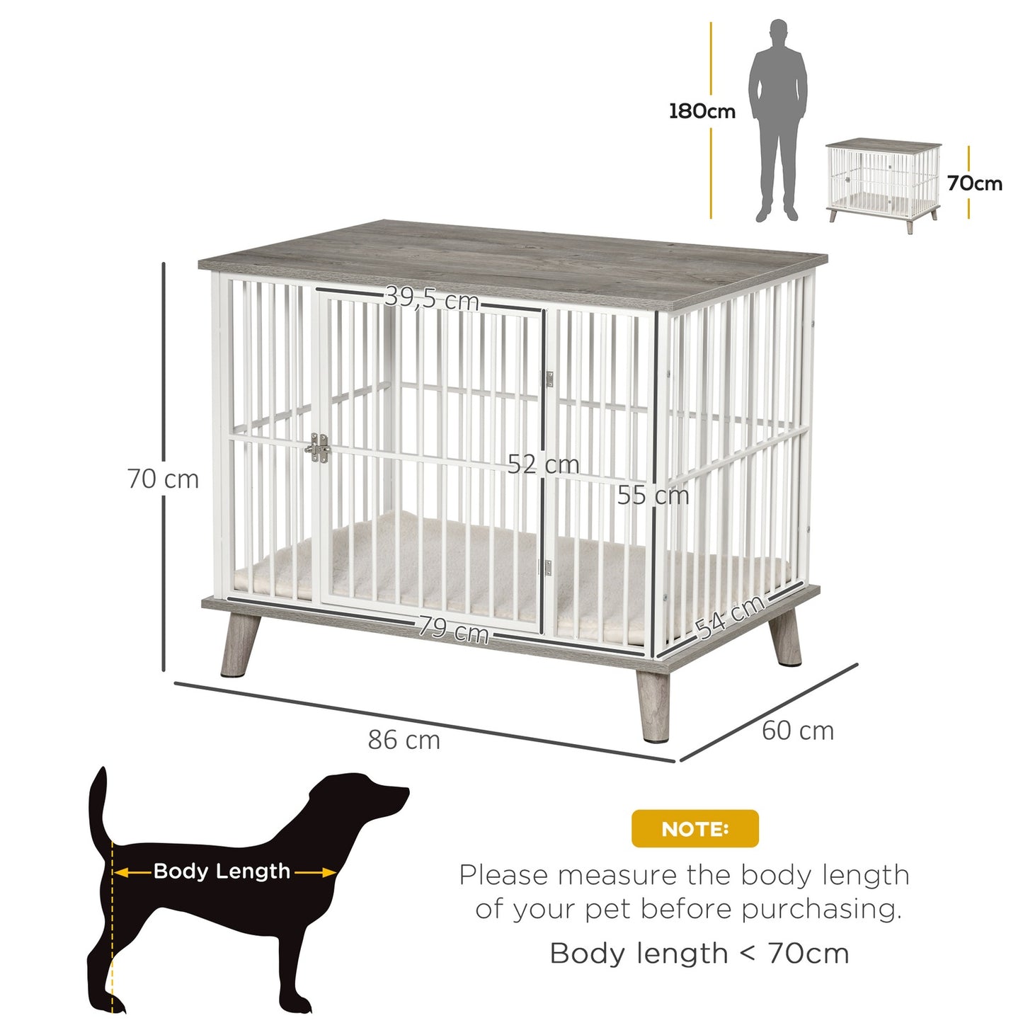 Dog box with wooden look, table top, cushion, medium, white/grey