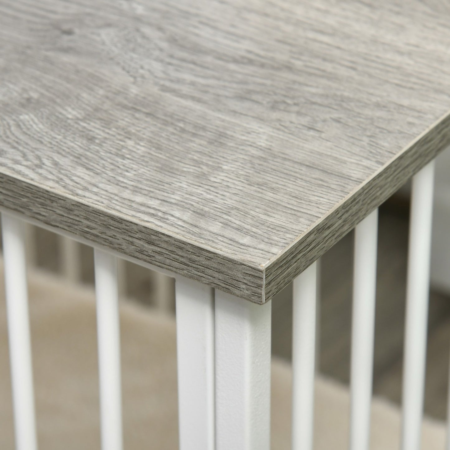 Dog box with wooden look, table top, cushion, medium, white/grey