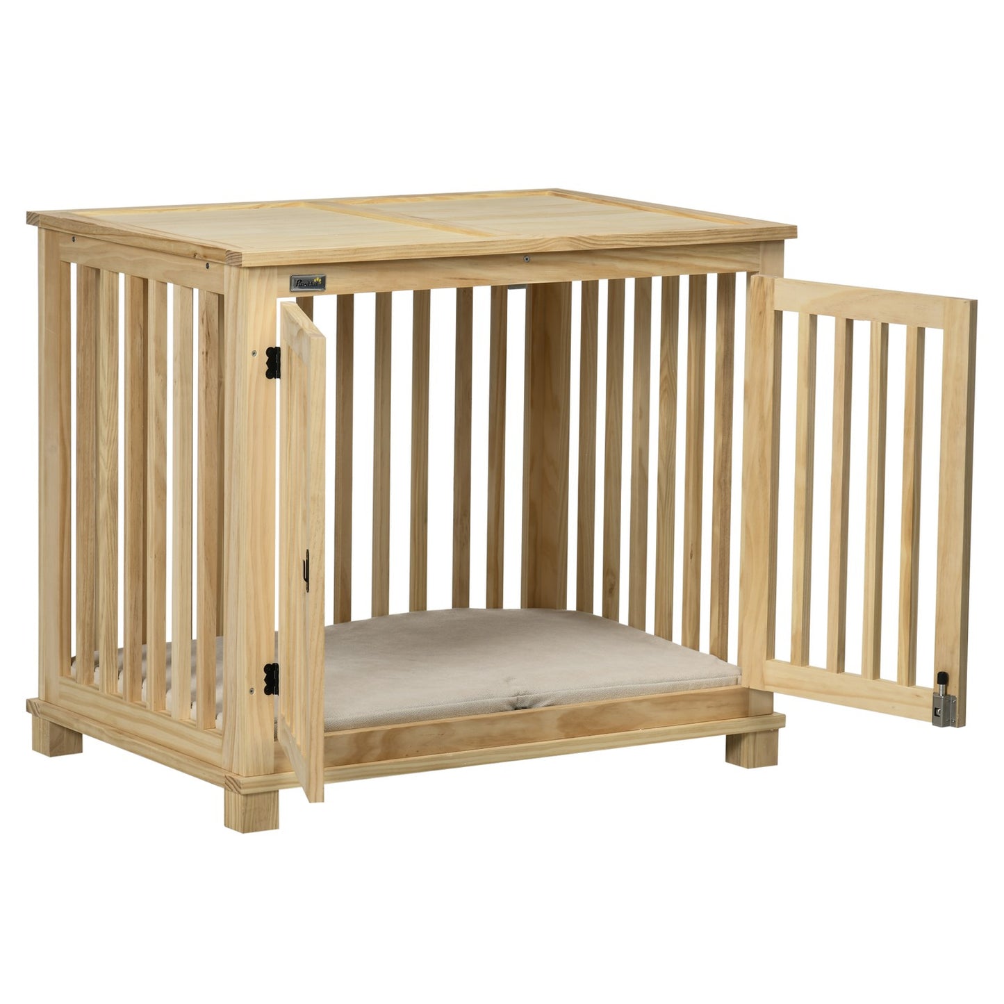 Wooden dog house with cushion - Medium, natural finish