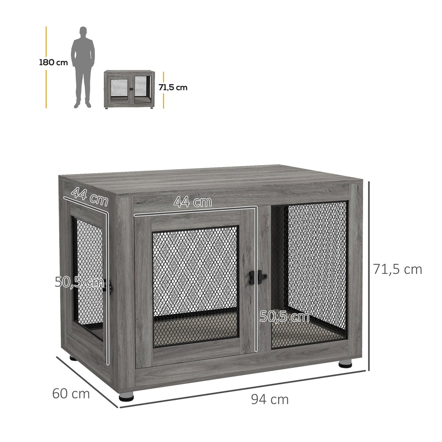 Dog cage for large dogs, double door, adjustable feet, gray