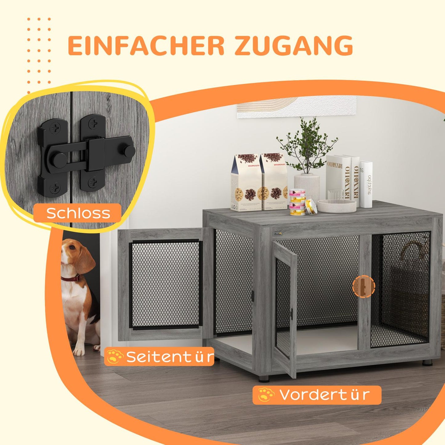Dog cage for large dogs, double door, adjustable feet, gray