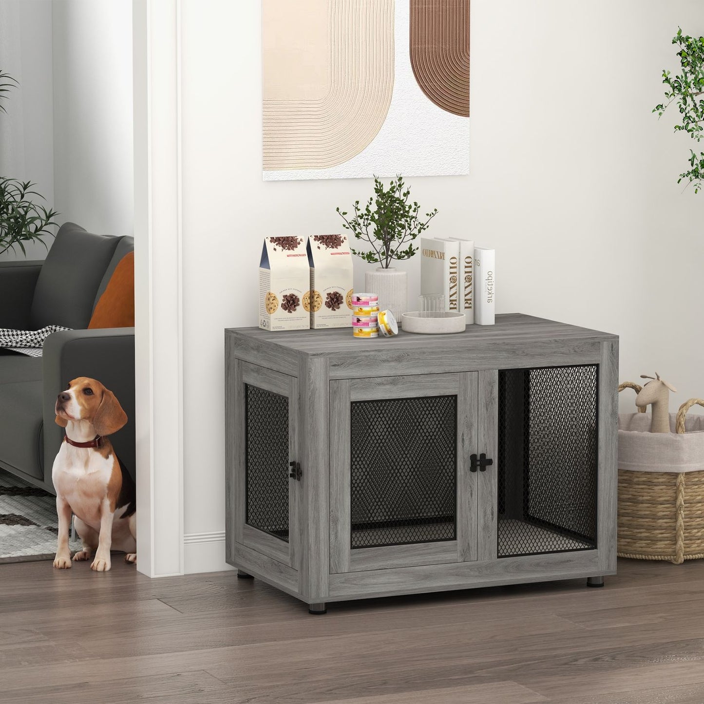 Dog cage for large dogs, double door, adjustable feet, gray