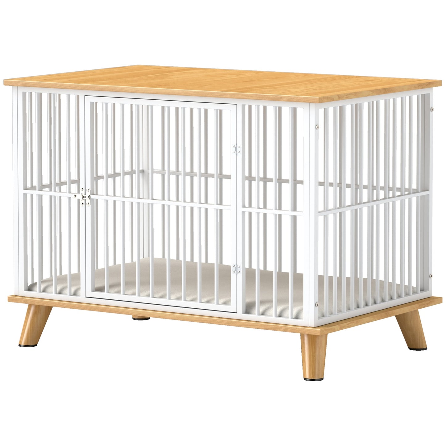 Medium dog cage with cushion and lockable door, oak