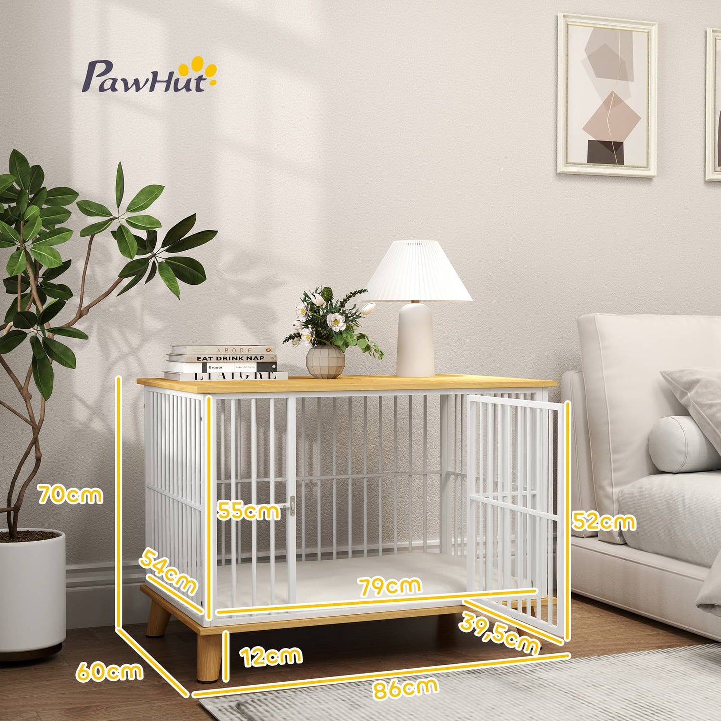 Medium dog cage with cushion and lockable door, oak