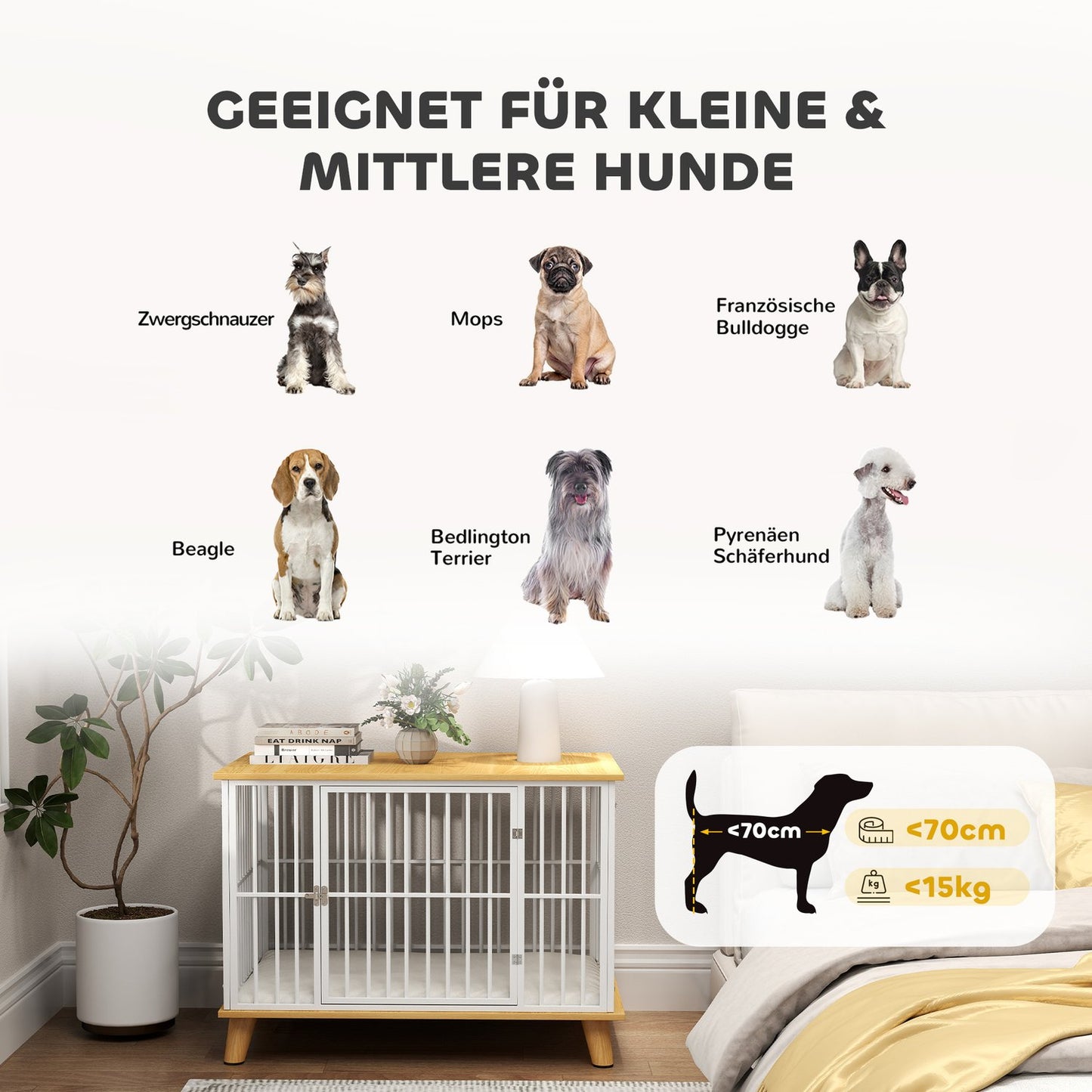 Medium dog cage with cushion and lockable door, oak
