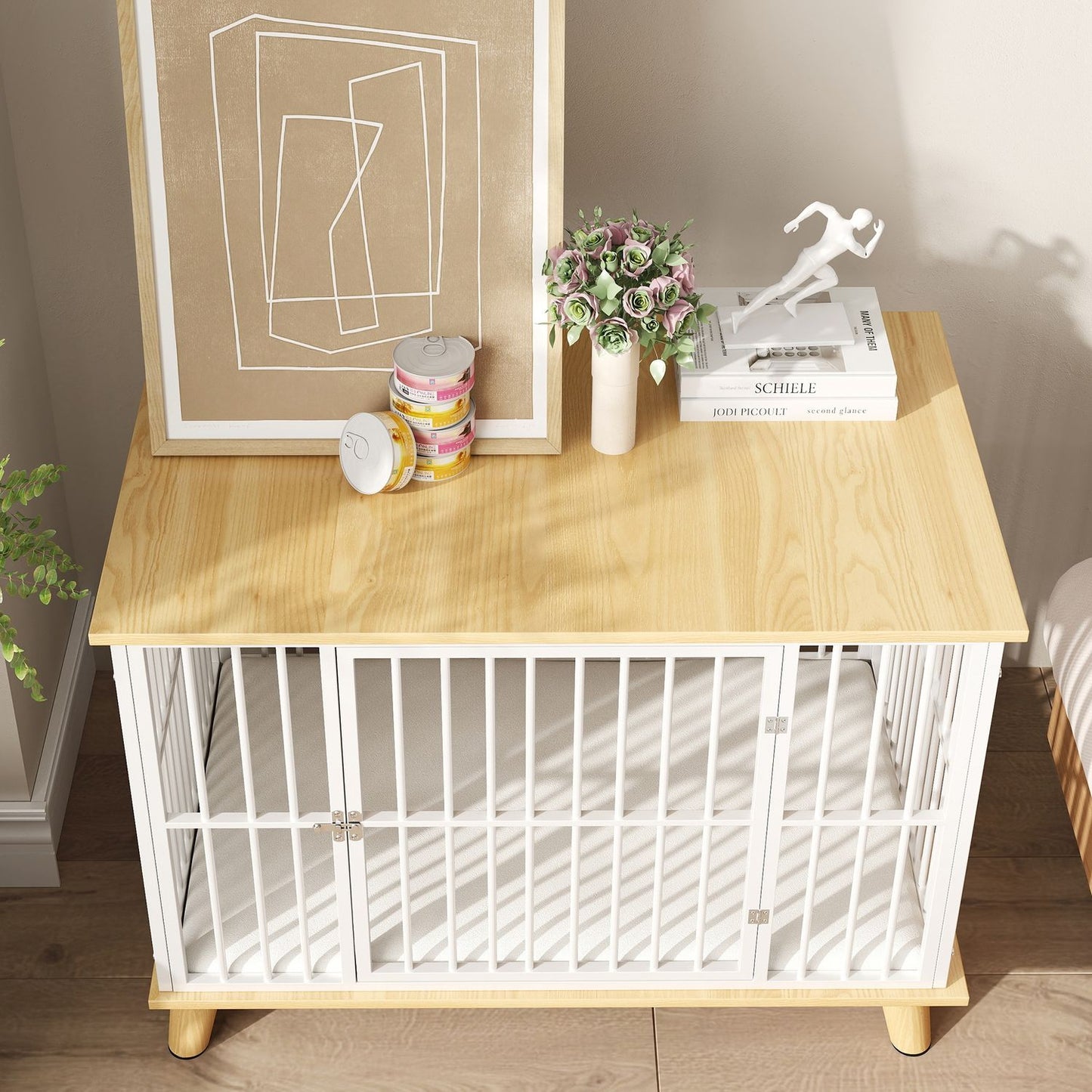 Medium dog cage with cushion and lockable door, oak