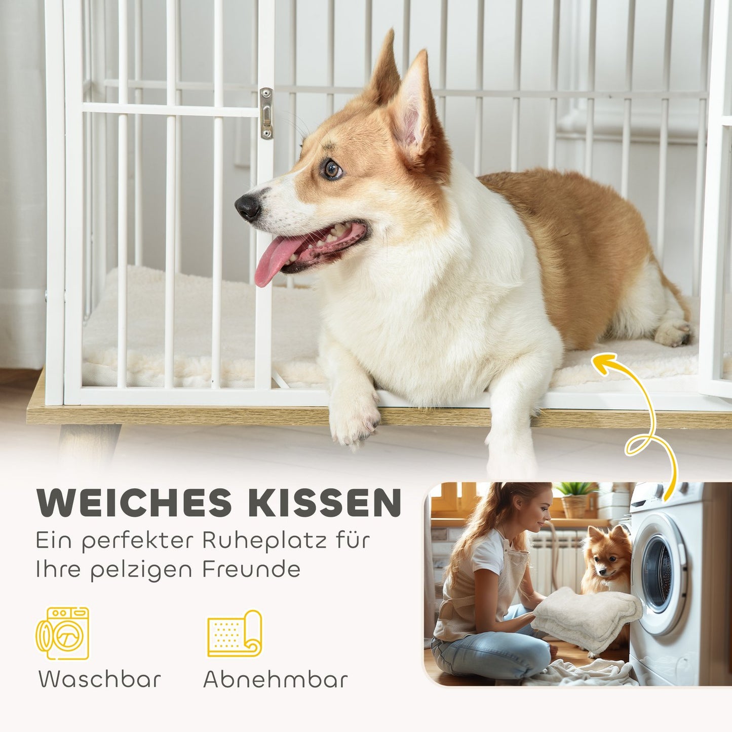 Medium dog cage with cushion and lockable door, oak