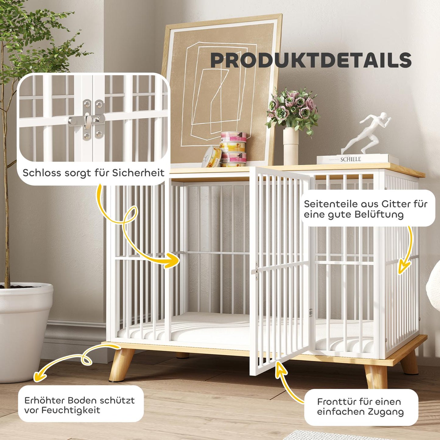 Medium dog cage with cushion and lockable door, oak
