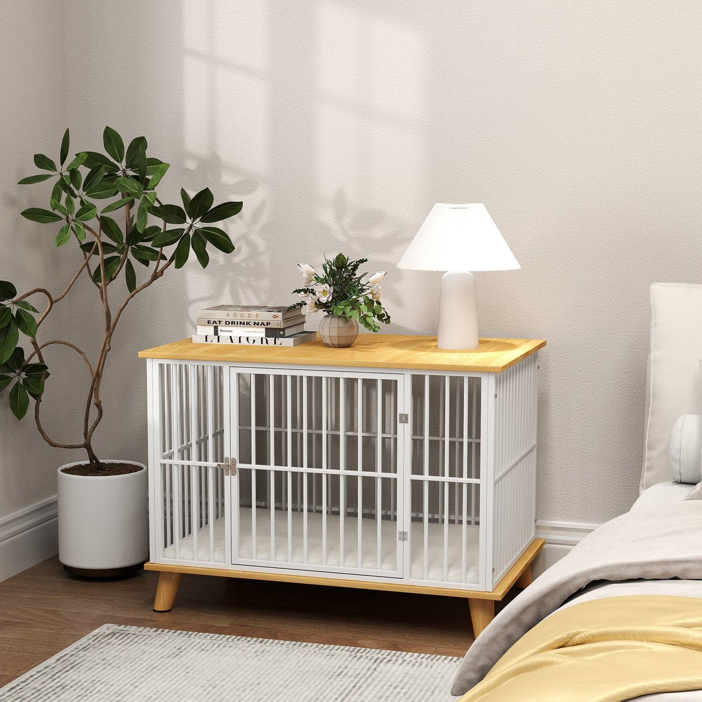 Medium dog cage with cushion and lockable door, oak